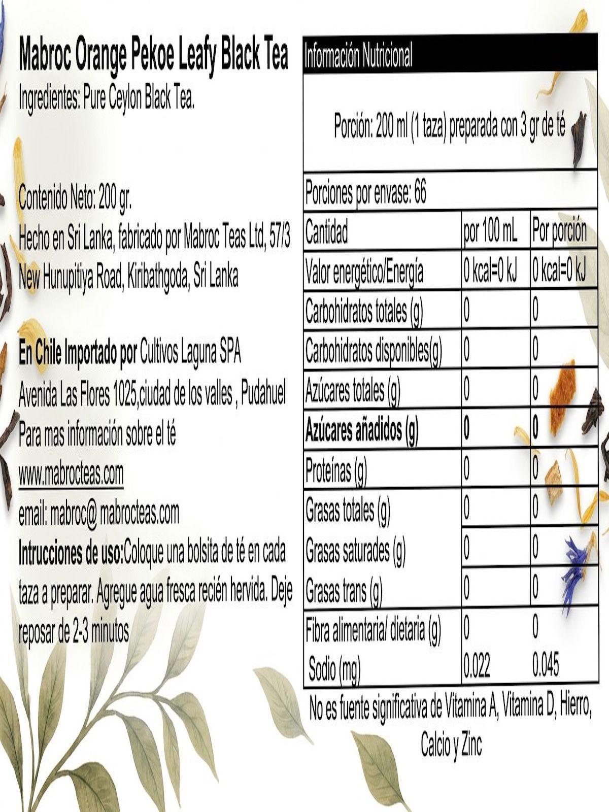 Te En Hojas Mabroc Pure Ceylon Long Leaf Orange Pekoe 200grs-3