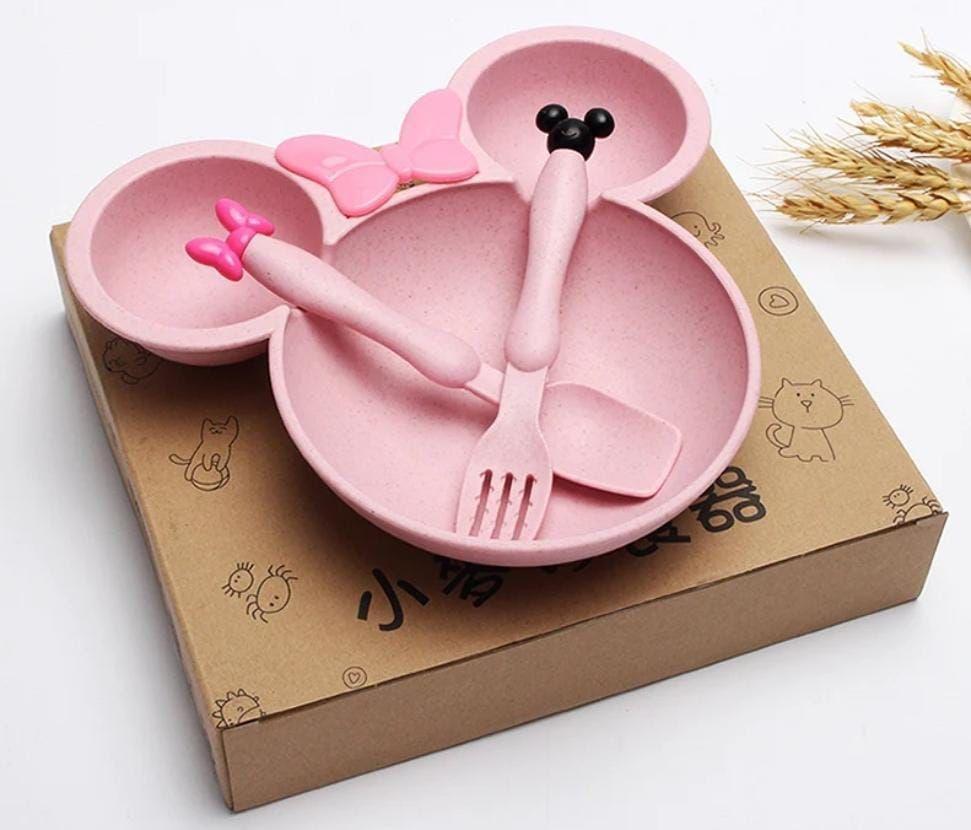 Plato Con Cubiertos Importado Minnie Mouse Bebes Rosa-0