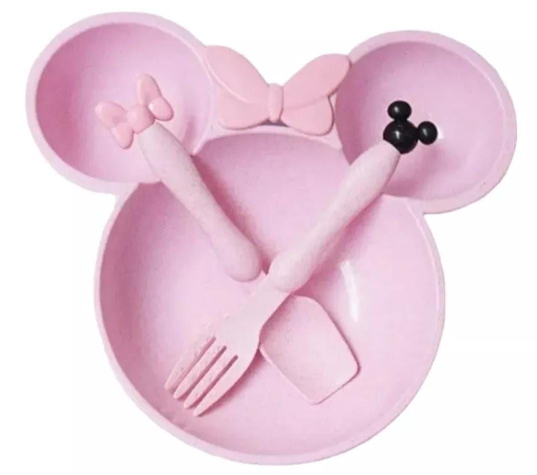 Plato Con Cubiertos Importado Minnie Mouse Bebes Rosa-1