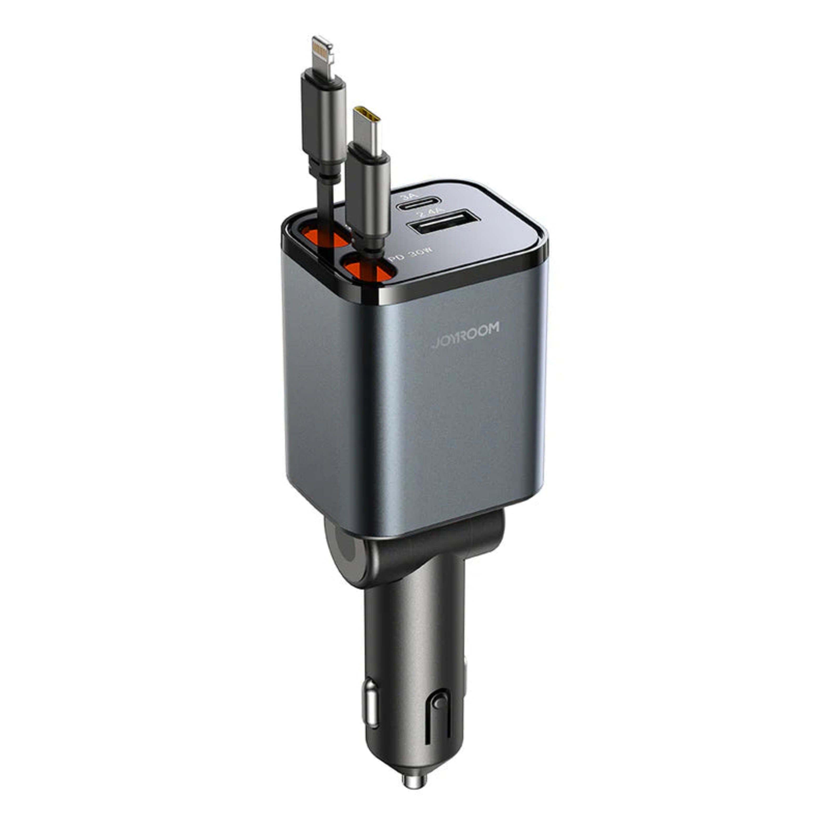 Cargador de Auto Retráctil 4-en-1 USB-C Lightning Micro-USB (Gris) - JOYROOM-0