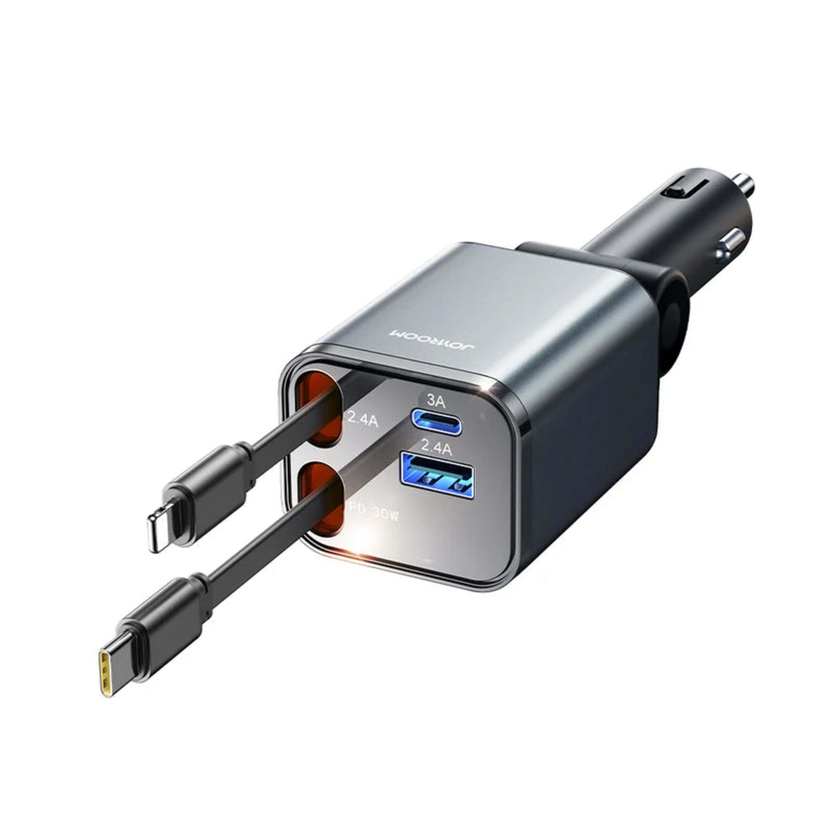 Cargador de Auto Retráctil 4-en-1 USB-C Lightning Micro-USB (Gris) - JOYROOM-1