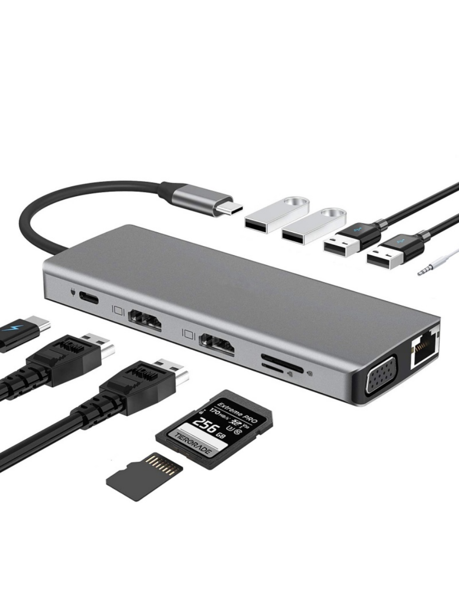 Hub USB-C 12 en 1 Tipo C USB 3.0 HDMI Dual 4K RJ45 VGA Open Box Garantía Reuse Chile-0