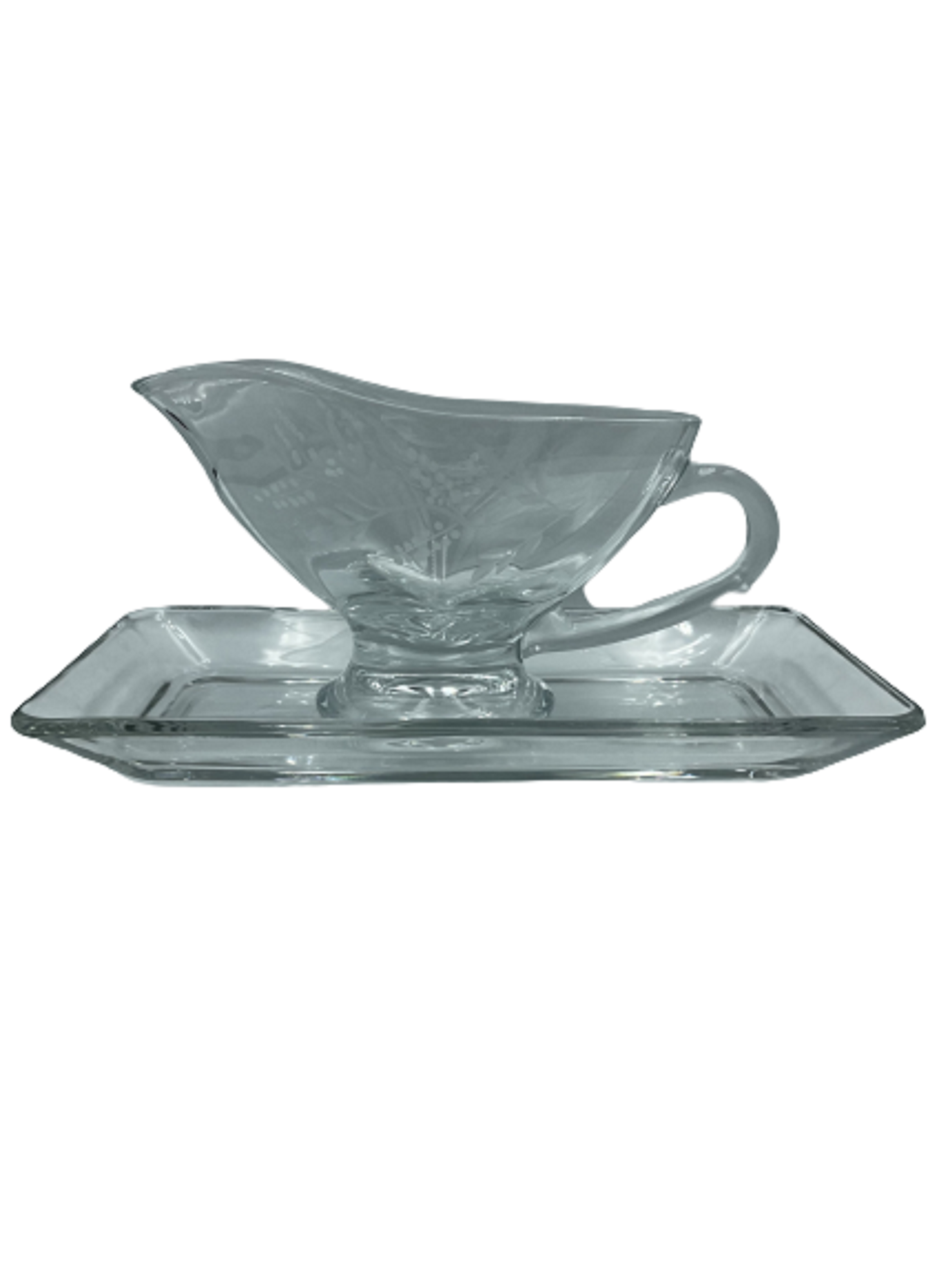 Cremero / salsero de vidrio tallado a mano con plato-0