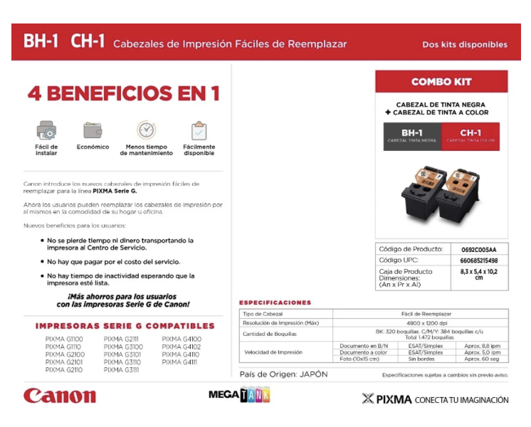 Pack Cabezales Canon Bh-1 Negro Ch-1 Color G1100 G3100 G4100-2