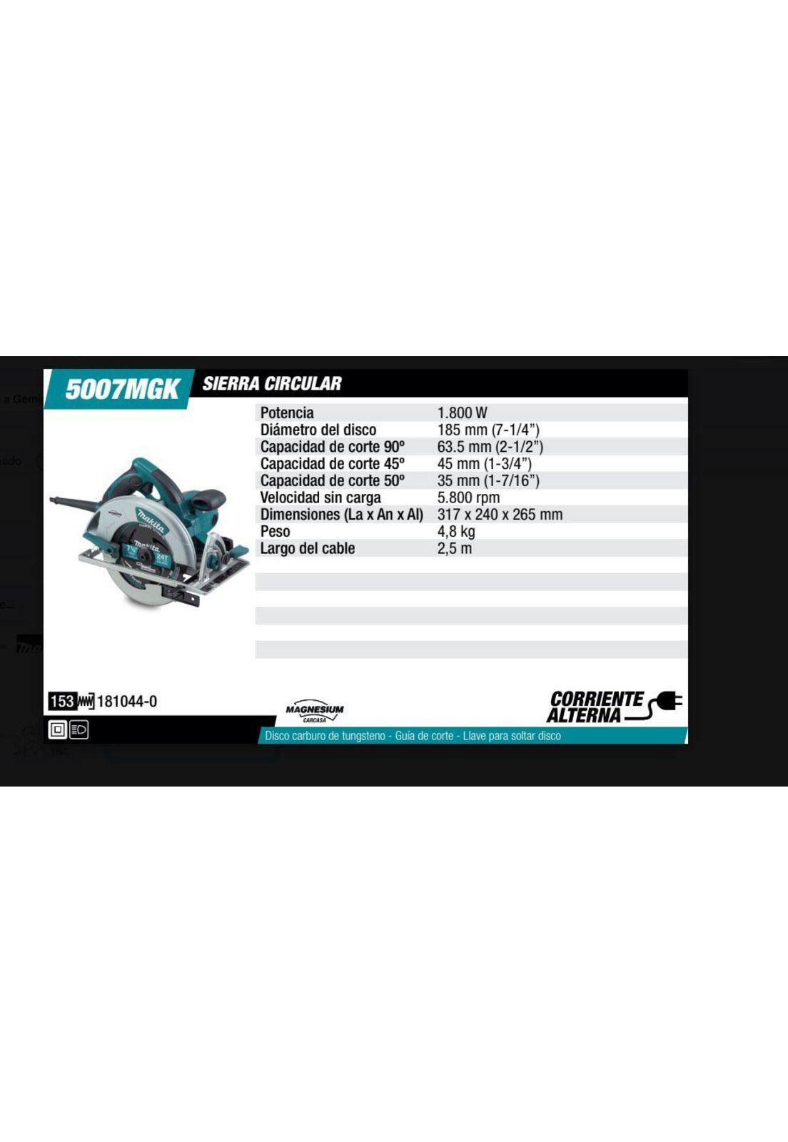 Sierra Circular 7 1/4 de 1800W c/Maleta Plástica 5007MGK-3