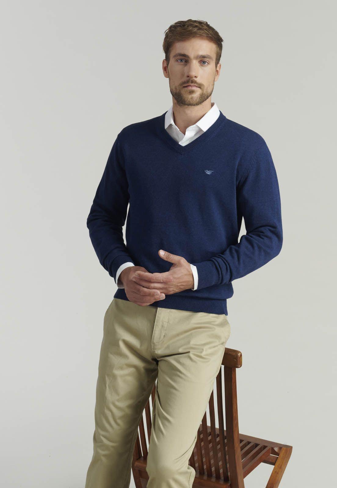 Sweater V Neck Melange F Smart Casual Indigo-4