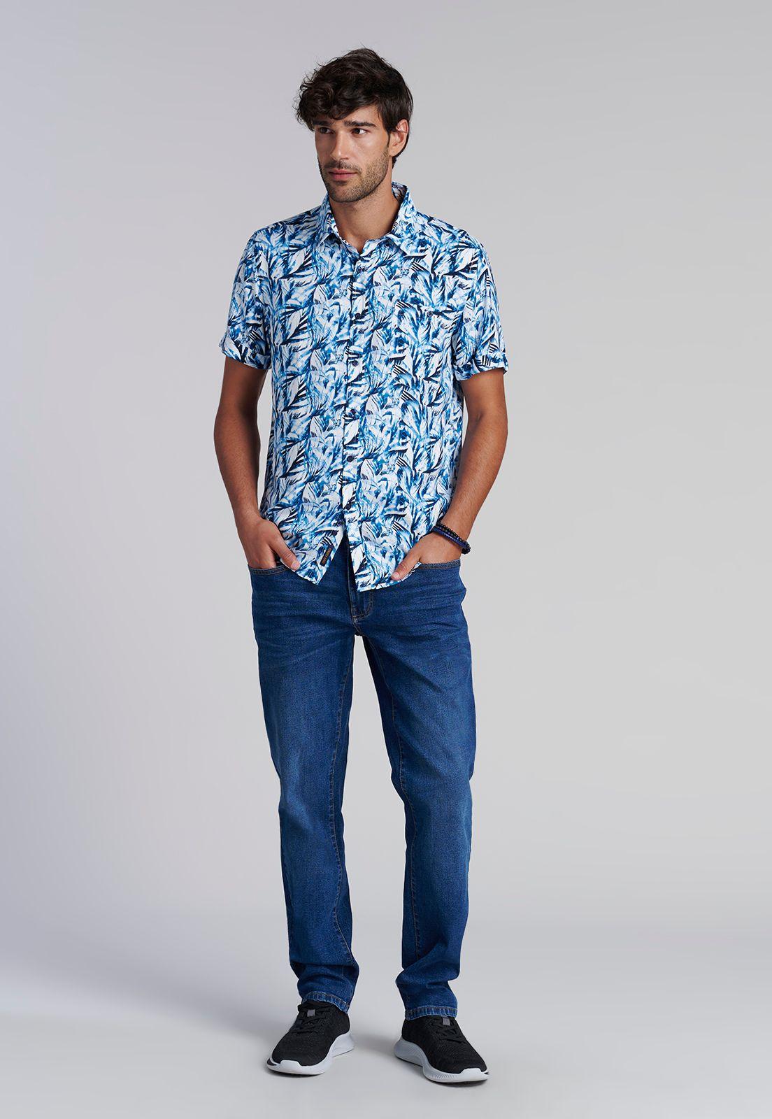 Camisa Estampada Hojas  Fj Blue-1