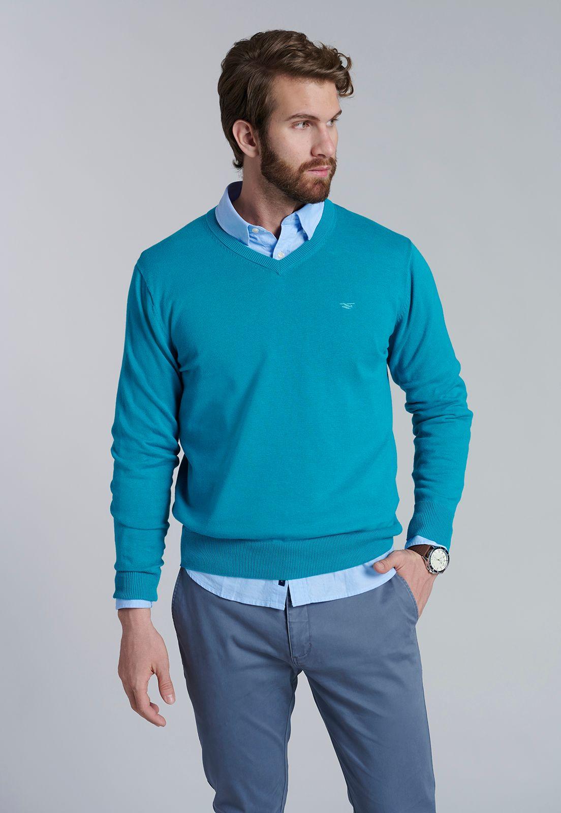 Sweater V Neck Solido F Turquoise-0