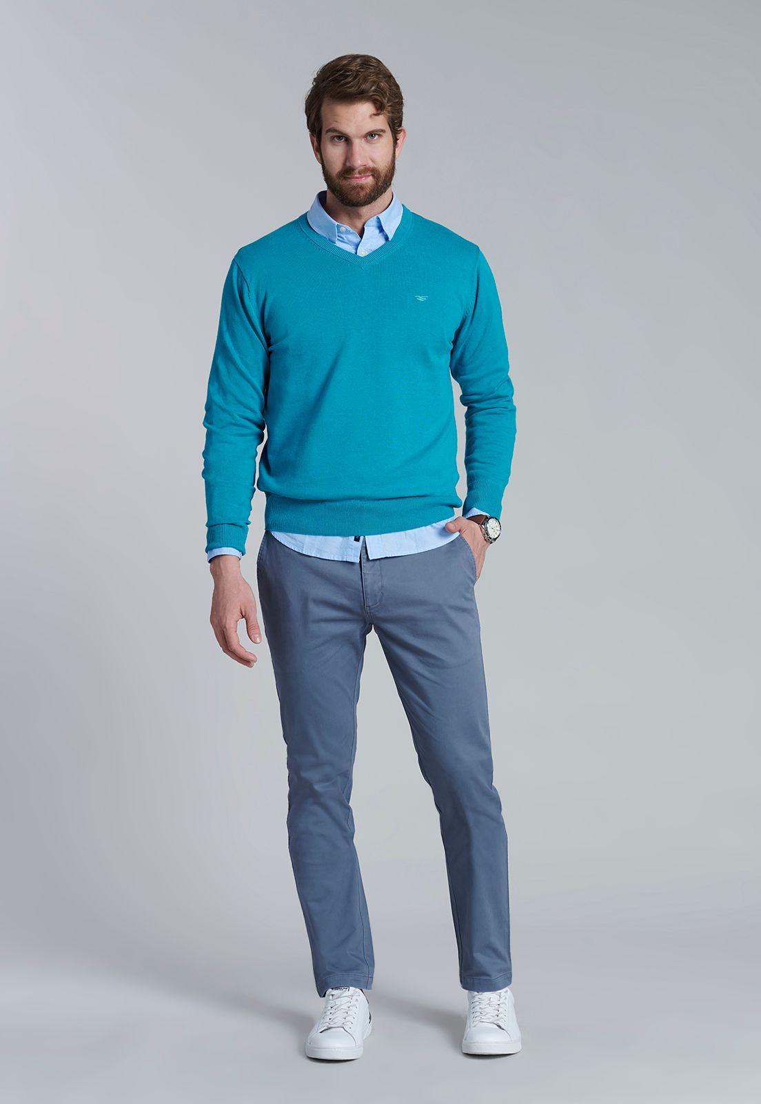 Sweater V Neck Solido F Turquoise-1