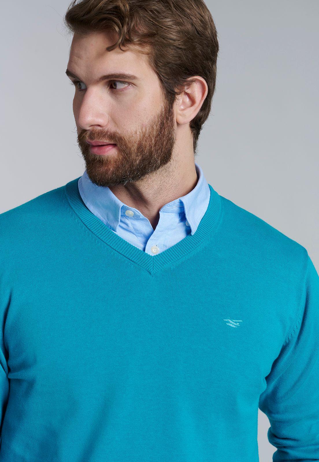 Sweater V Neck Solido F Turquoise-2