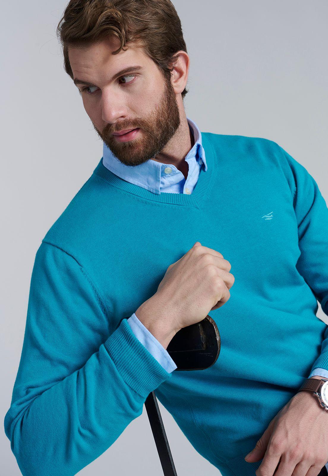 Sweater V Neck Solido F Turquoise-4