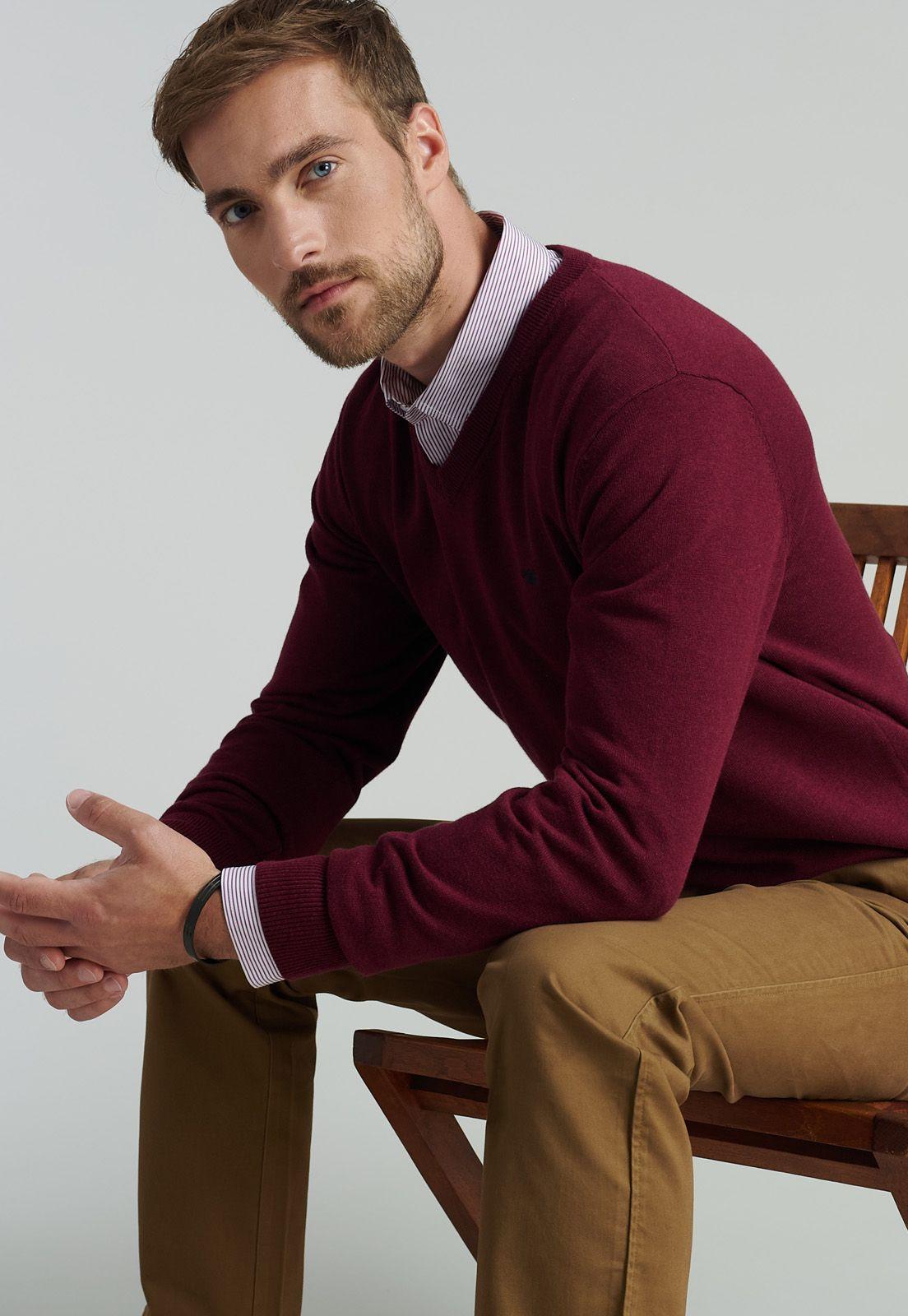 Sweater V Neck Melange F Smart Casual Dk Burgundy-4