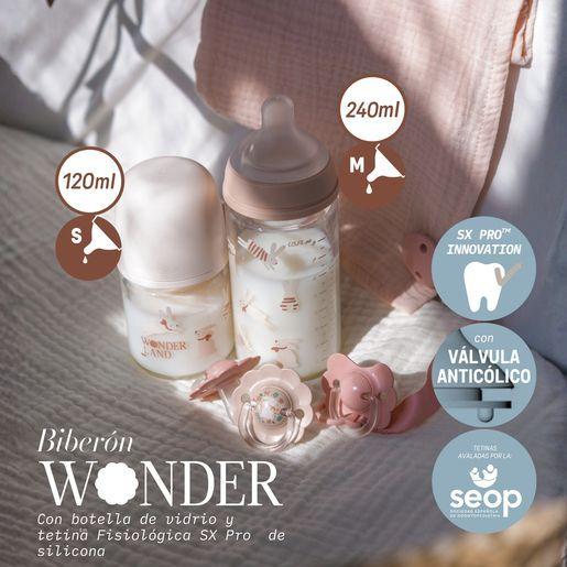 MAMADERA VIDRIO 240ML FISIOLOGICA SILICONA FLUJO S WONDER LIBER BEIGE-2