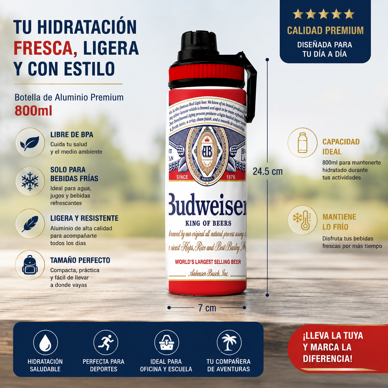 Botella Budweiser Aluminio 800ml Libre BPA Para Bebidas Frias-4