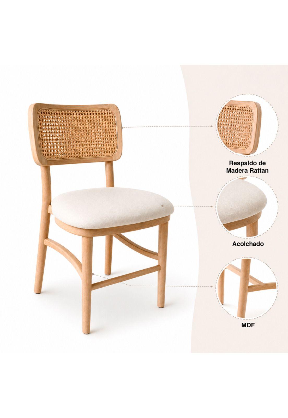 Silla de Estilo Natural con Respaldo Tejido y Asiento Acolchado-4