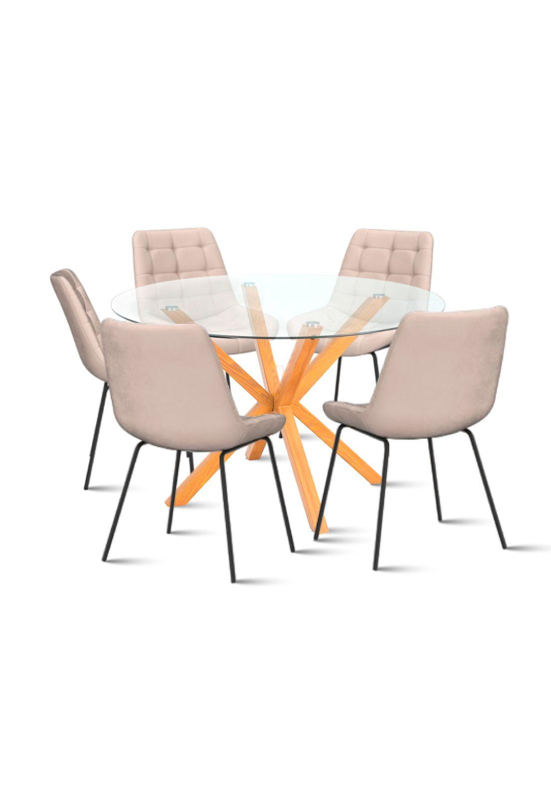 Mesa de comedor redonda de vidrio Cross 120cm + 5 Silla Macron Terciopelo - Beige-0