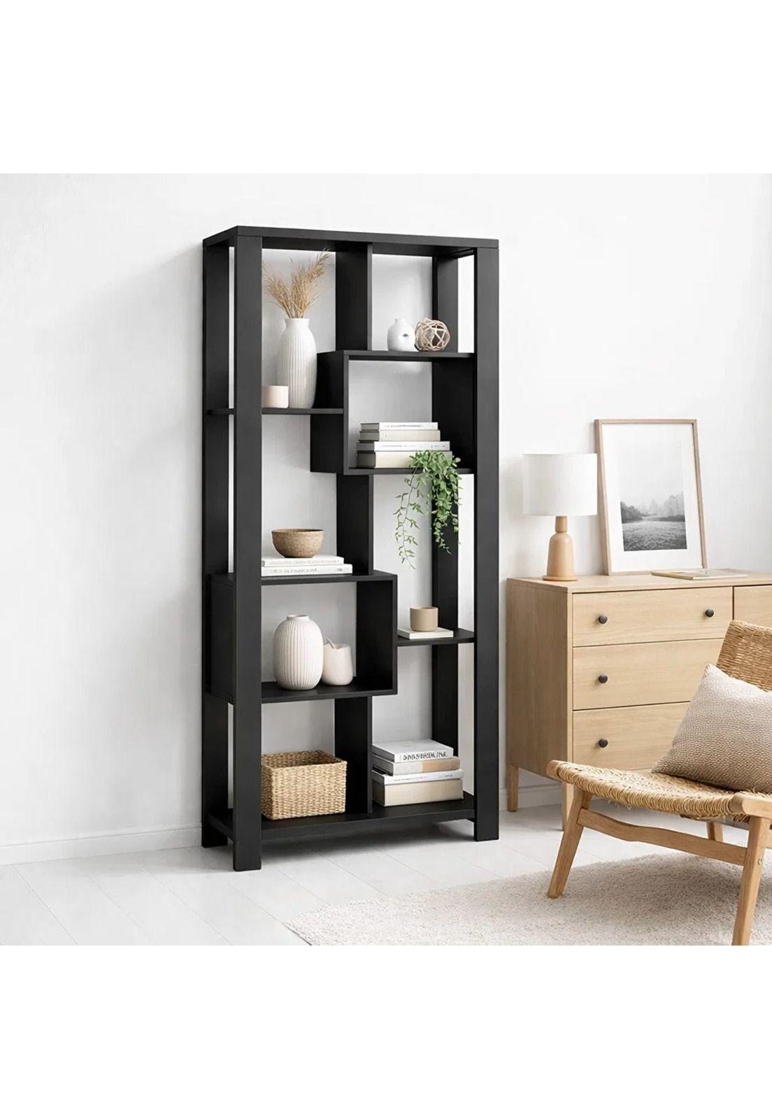 Estantería Prisma Noir Librero Geométrico Moderno 39x80x180 - Negro-2