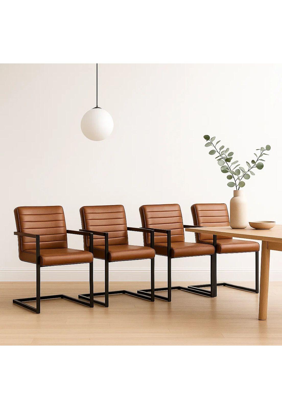 Pack de 4 Sillas Industriales de Cuero Sintético Marrón con Base Metálica – Café-2