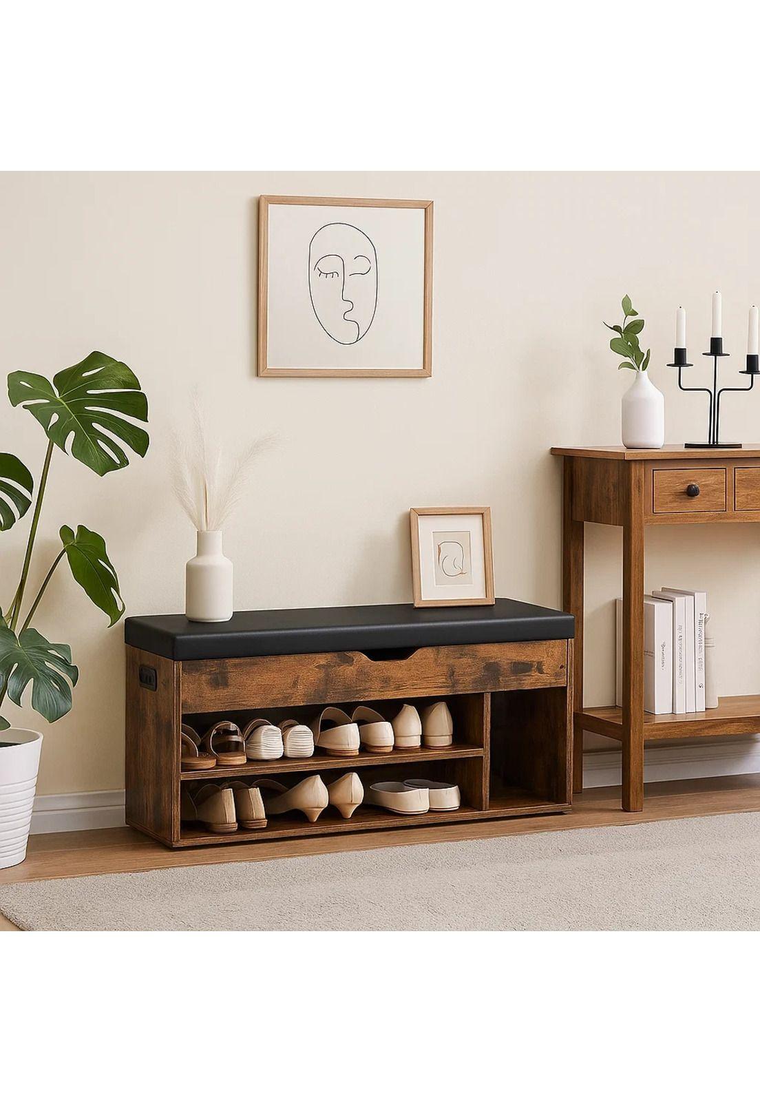 Banco Zapatero de Madera Rústica con Asiento Acolchado y Baúl de Almacenaje-2