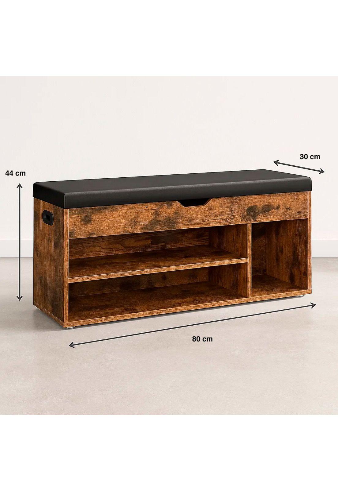 Banco Zapatero de Madera Rústica con Asiento Acolchado y Baúl de Almacenaje-3