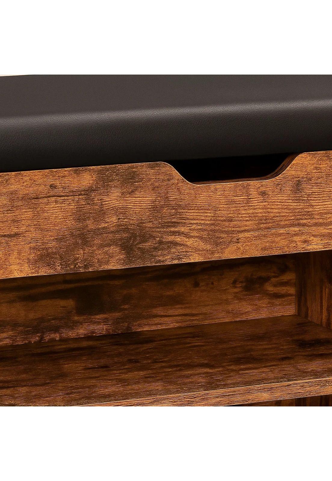 Banco Zapatero de Madera Rústica con Asiento Acolchado y Baúl de Almacenaje-5