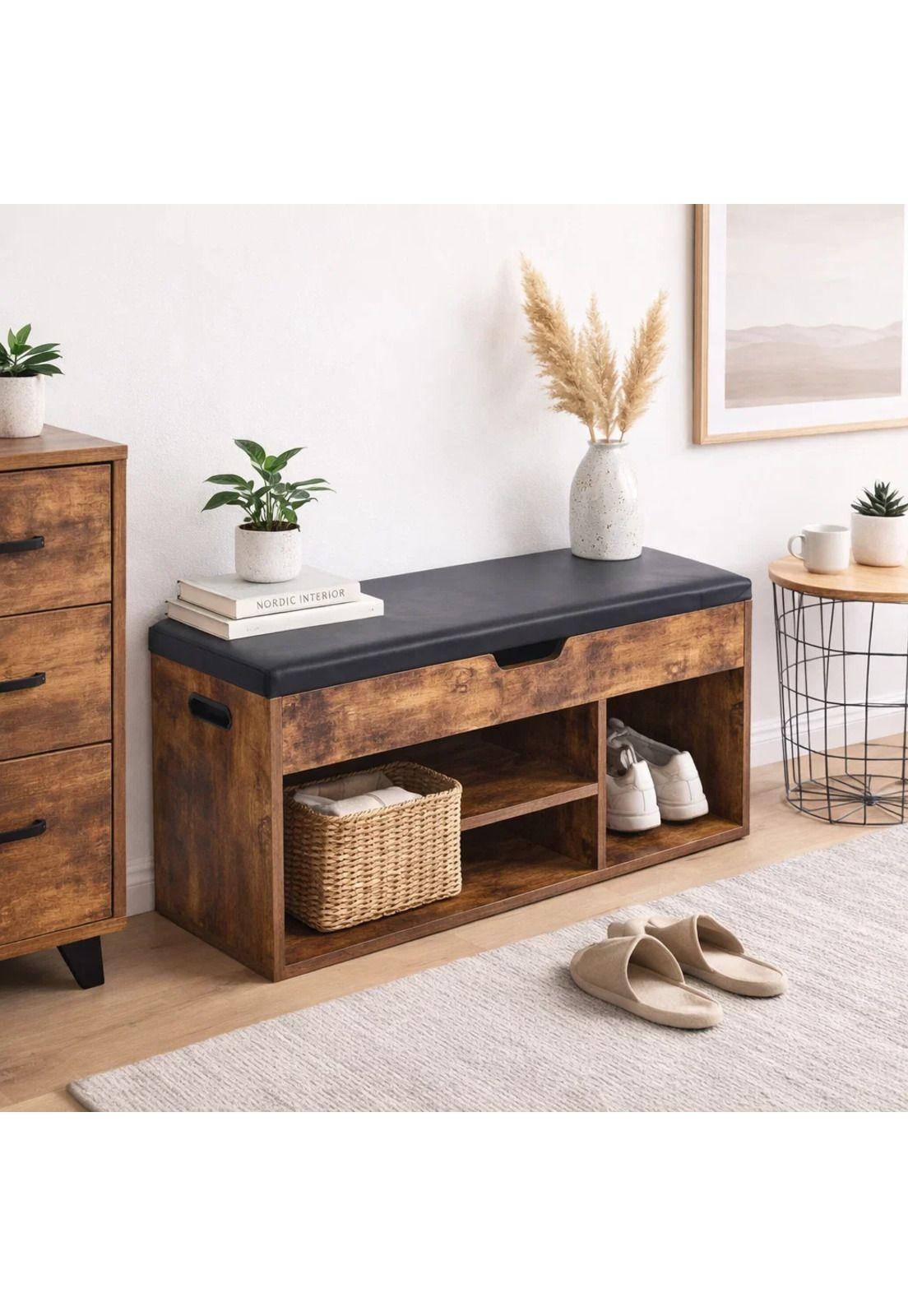 Banco Zapatero de Madera Rústica con Asiento Acolchado y Baúl de Almacenaje-2