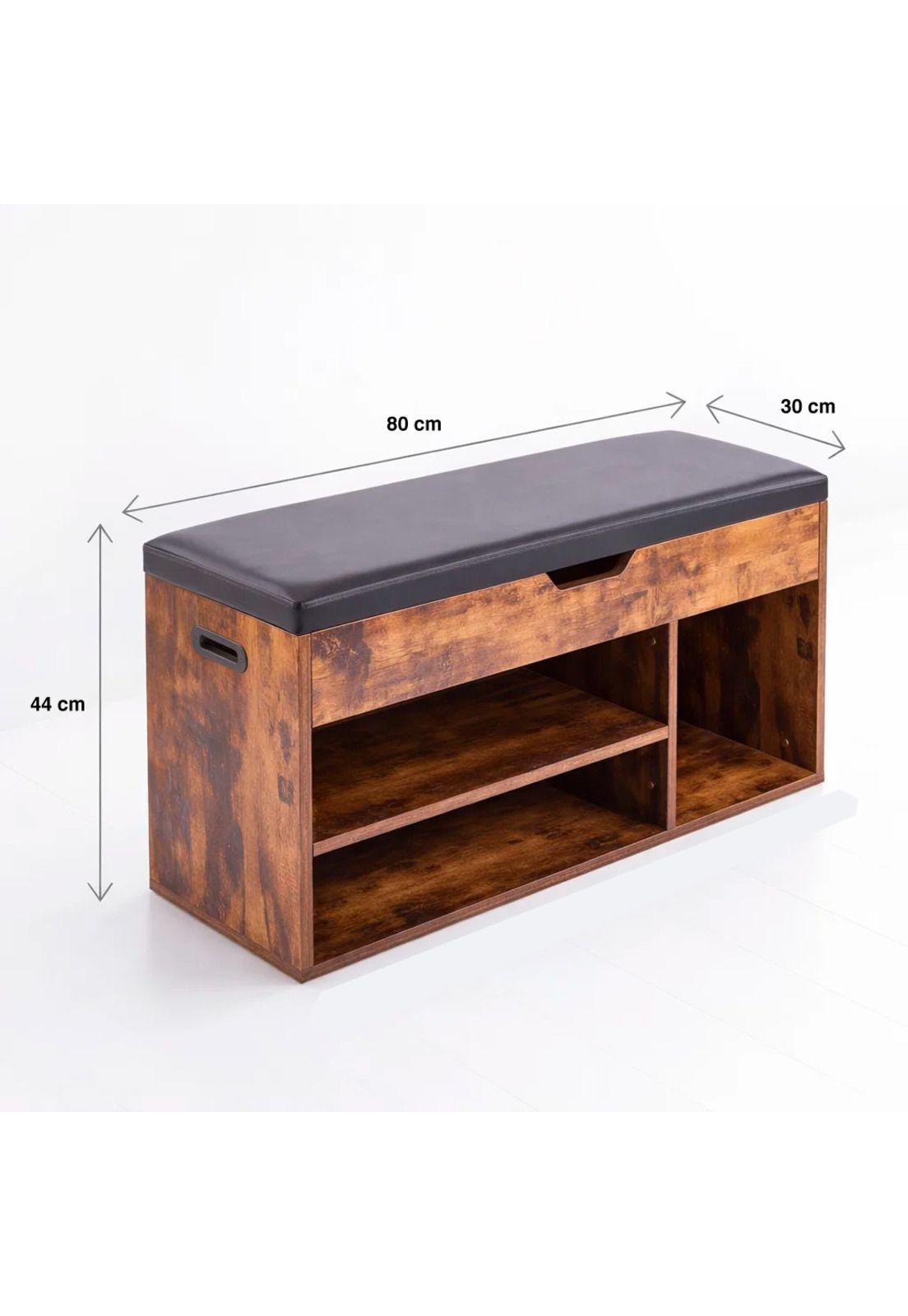 Banco Zapatero de Madera Rústica con Asiento Acolchado y Baúl de Almacenaje-3