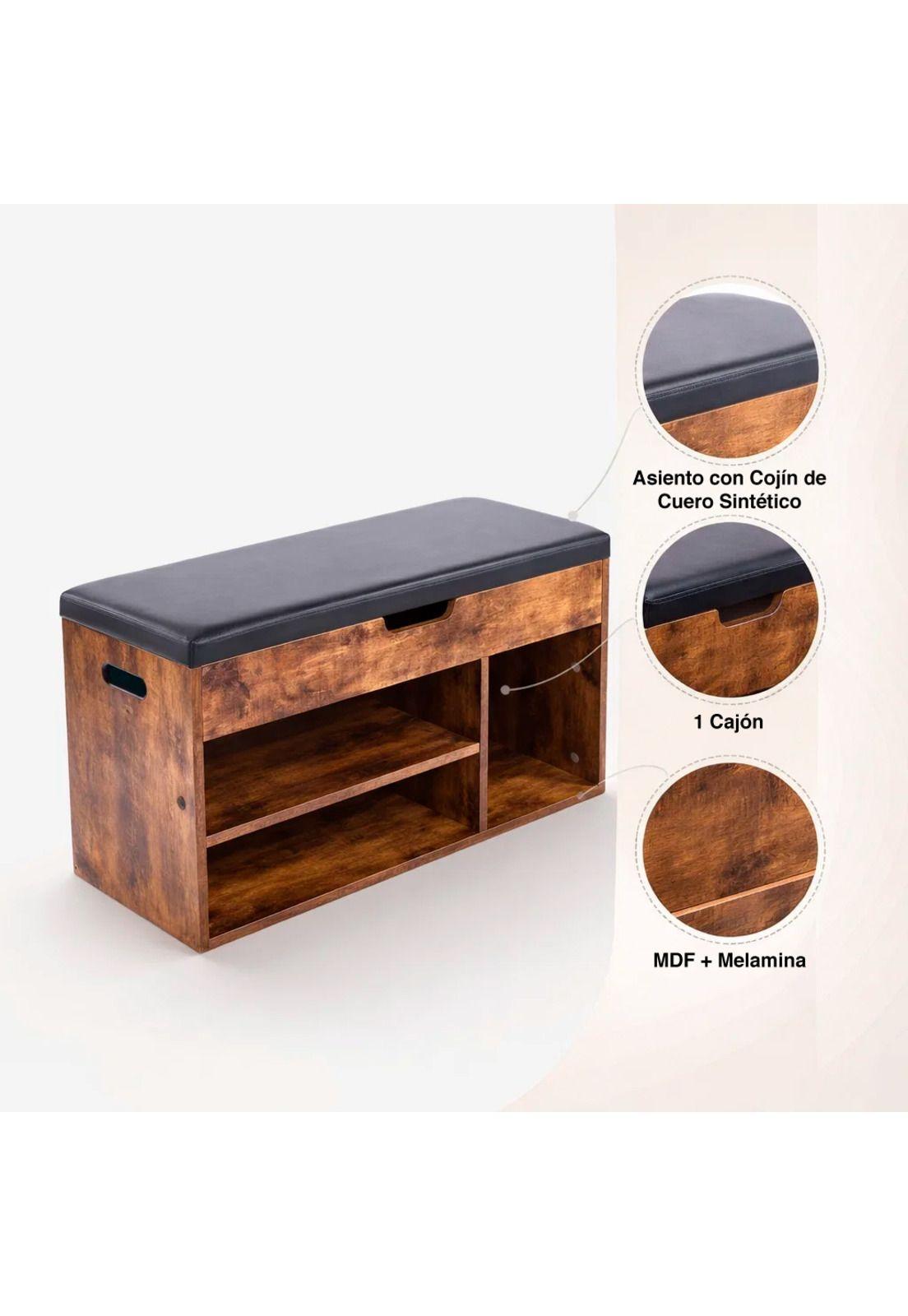 Banco Zapatero de Madera Rústica con Asiento Acolchado y Baúl de Almacenaje-4