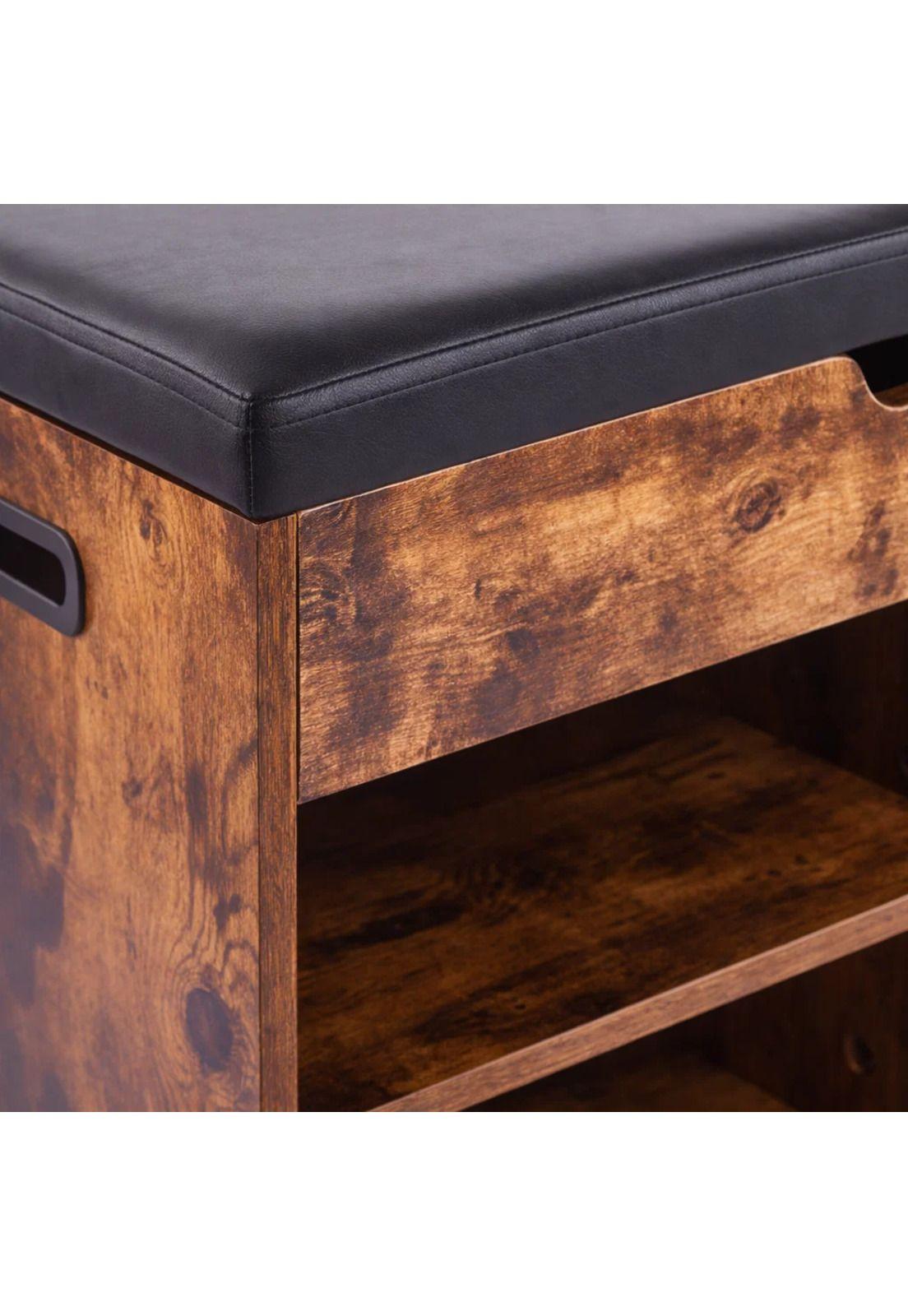 Banco Zapatero de Madera Rústica con Asiento Acolchado y Baúl de Almacenaje-5