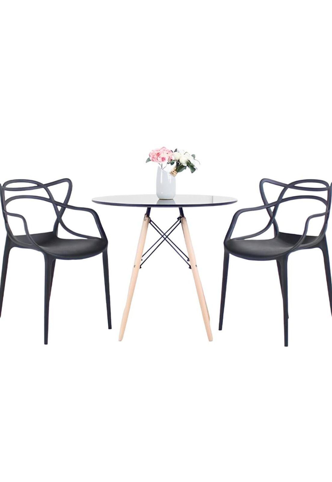 Comedor Terraza - 2 Sillas Master Negras y Mesa Eames de Vidrio 80cm-0