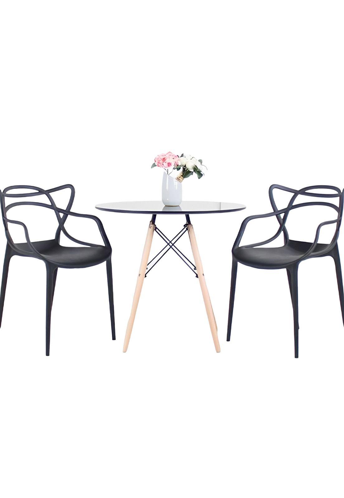 Comedor Terraza - 2 Sillas Master Negras y Mesa Eames de Vidrio 80cm-0