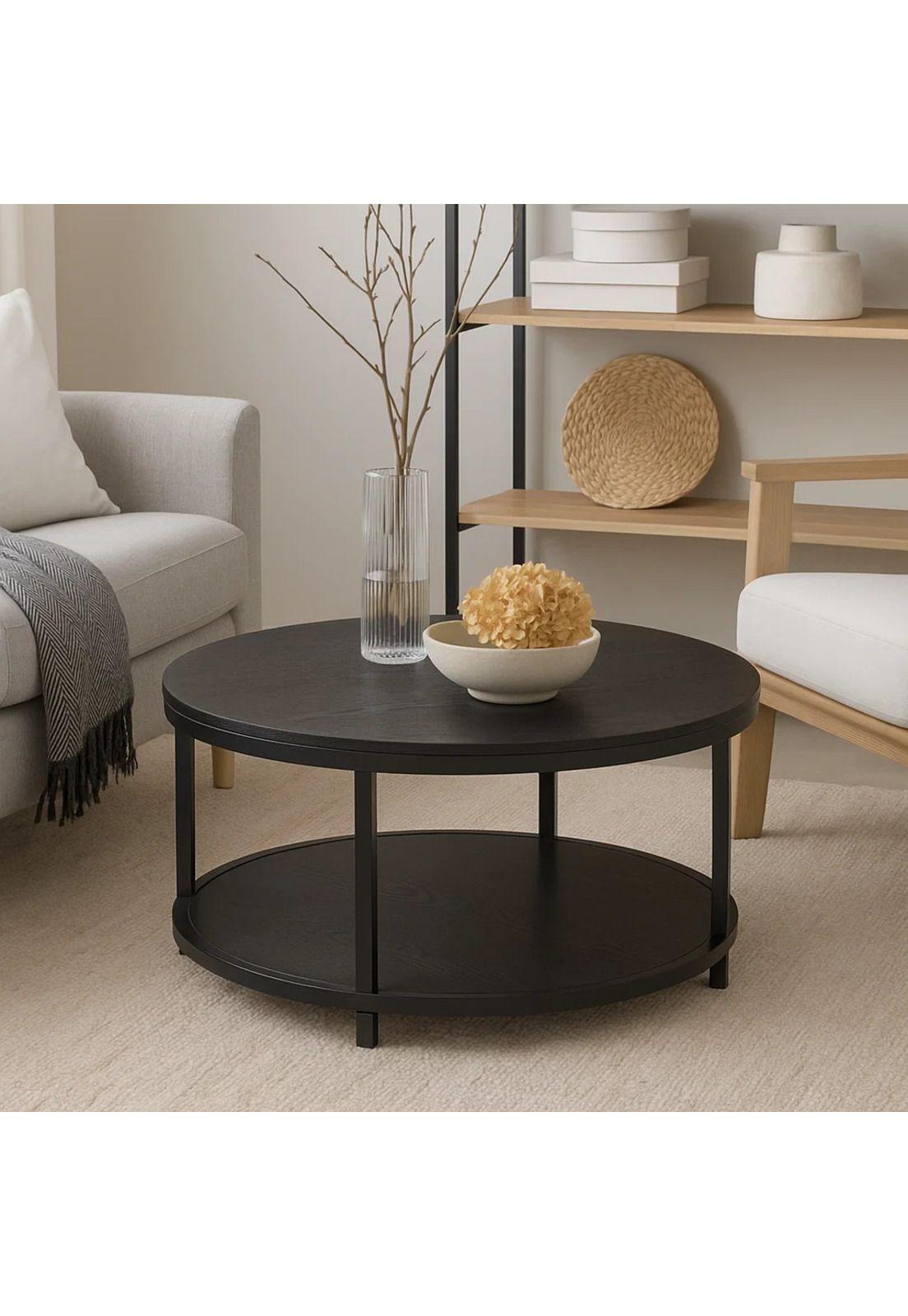 Mesa de Centro Redonda Negra - Diseño Moderno con Doble Nivel-2