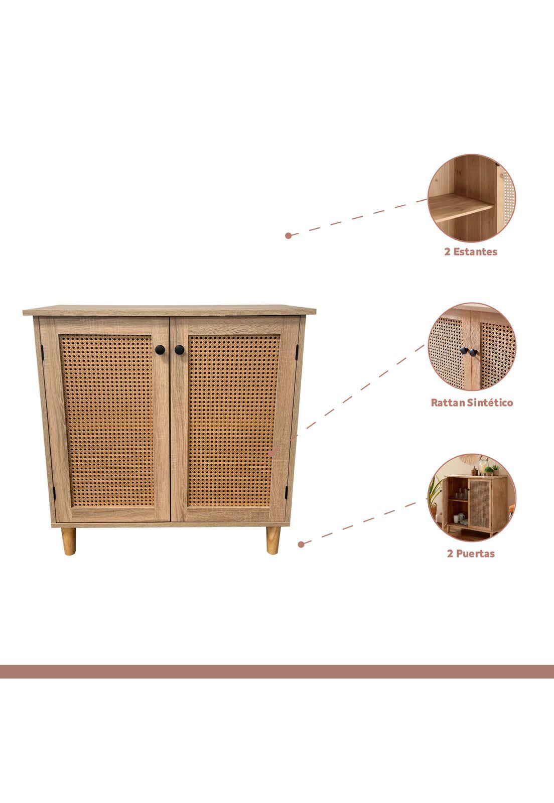 Cómoda 2 Puertas con Rattan MDF - Madera Clara-2