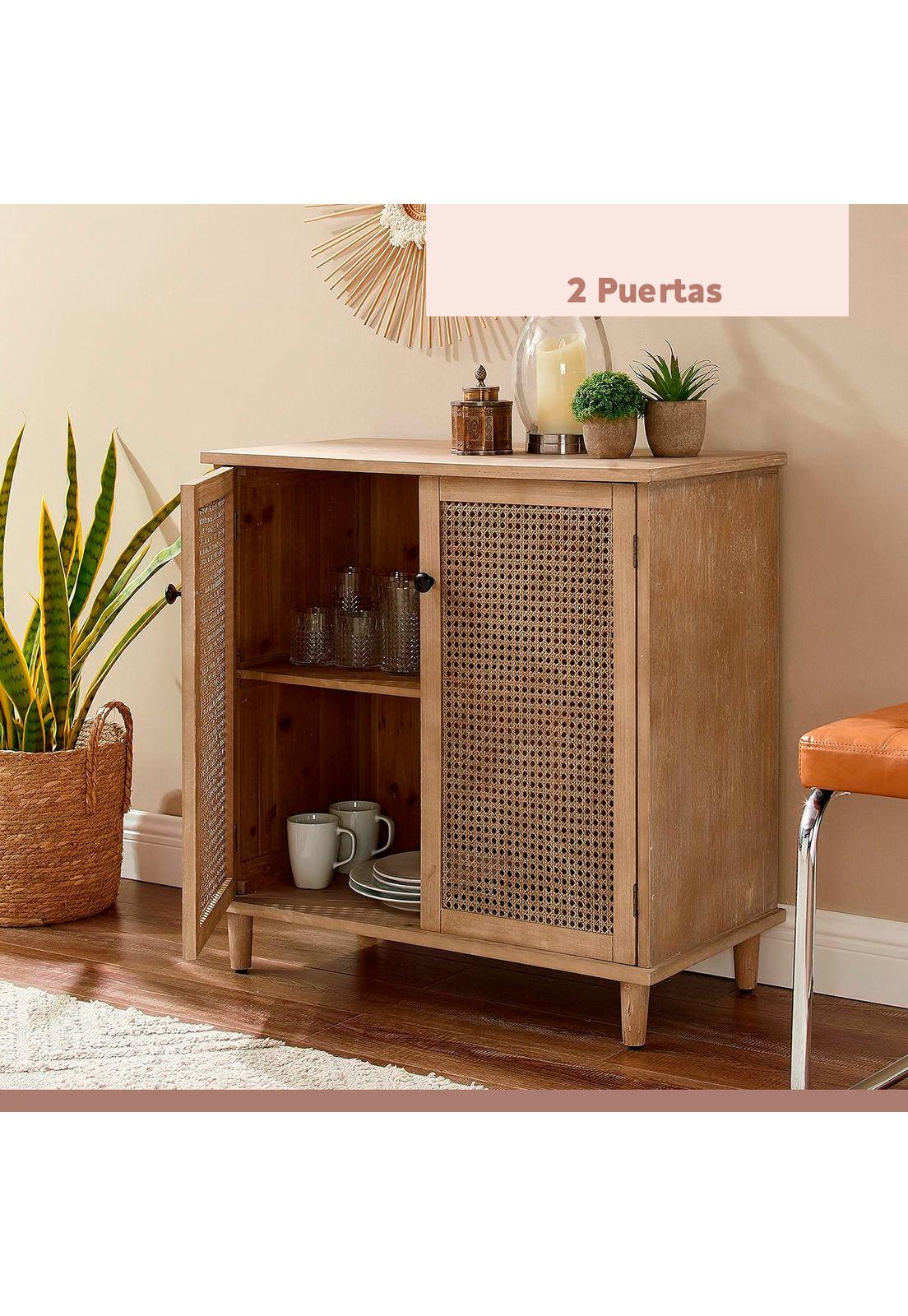Cómoda 2 Puertas con Rattan MDF - Madera Clara-6