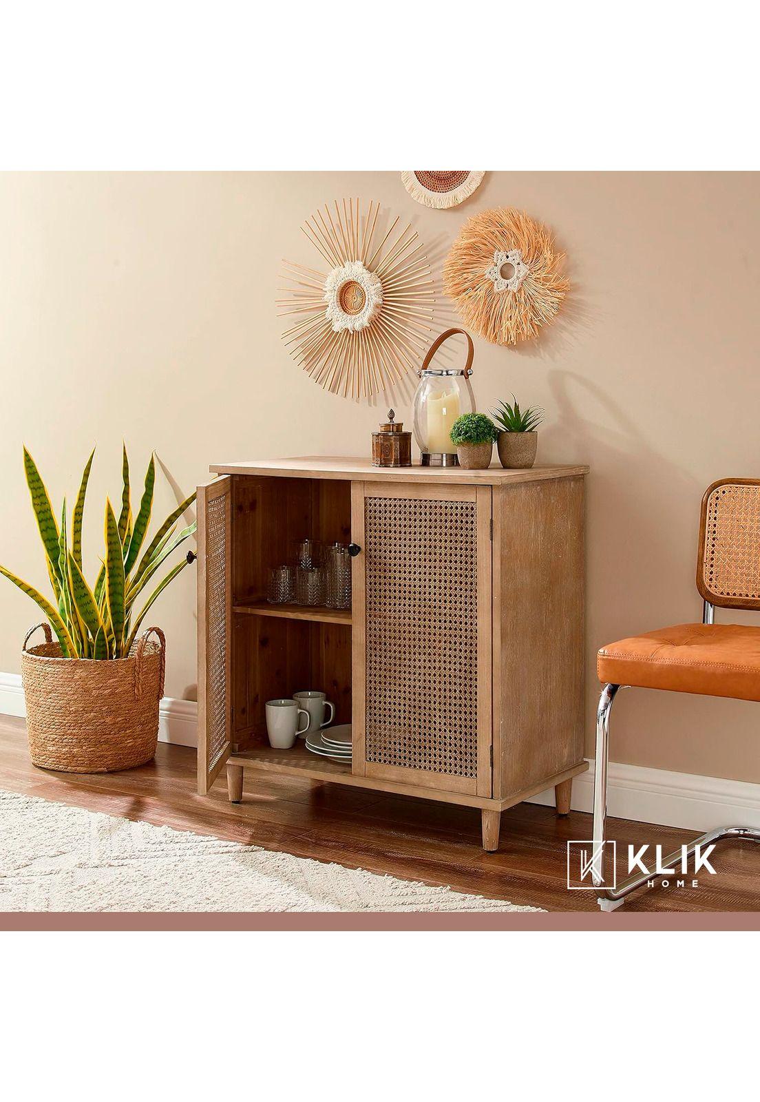 Cómoda 2 Puertas con Rattan MDF - Madera Clara-7