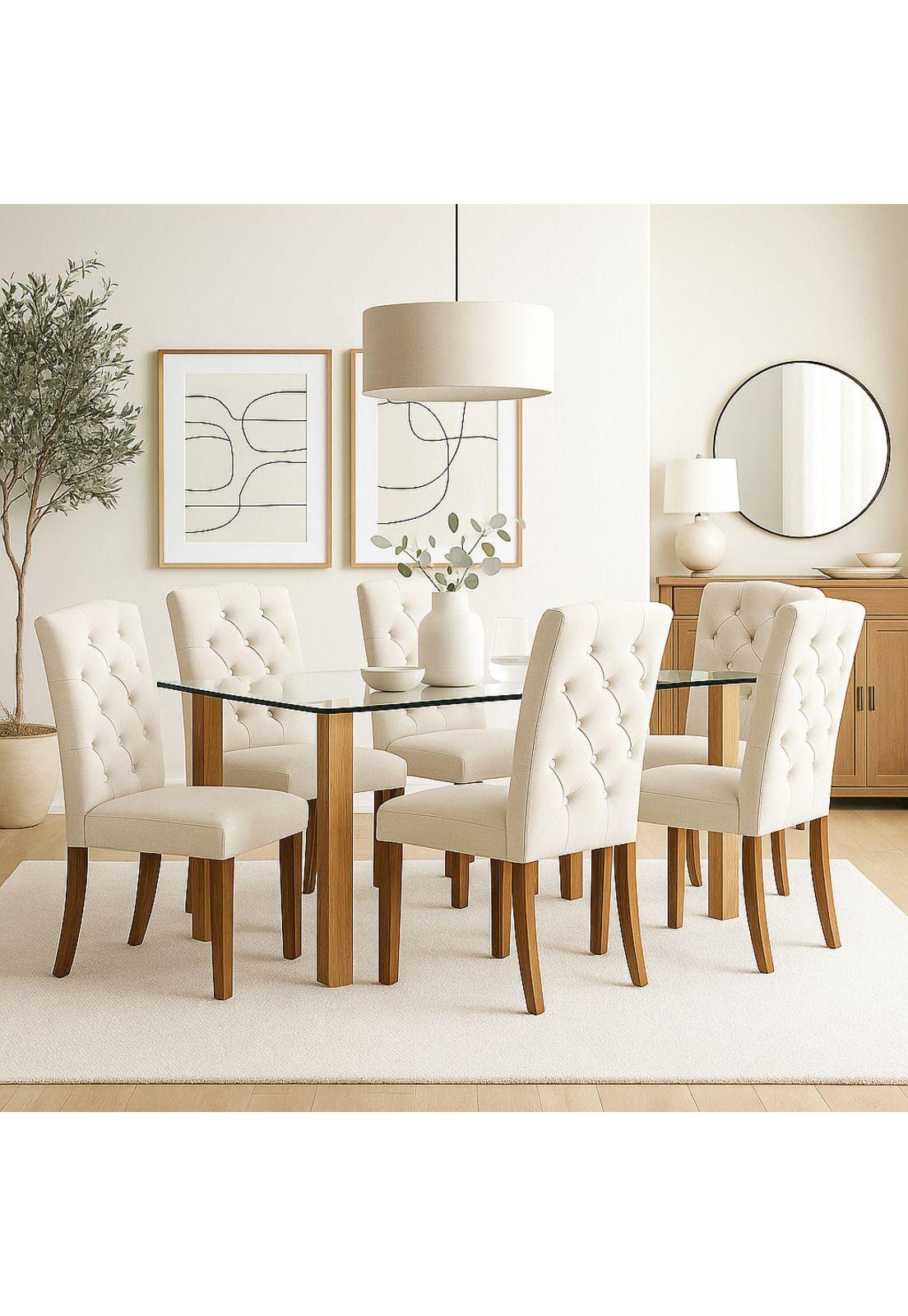 Comedor Mesa de Vidrio Quadra 120x80 + 6 Silla de Acolchada Madera Elegance-2