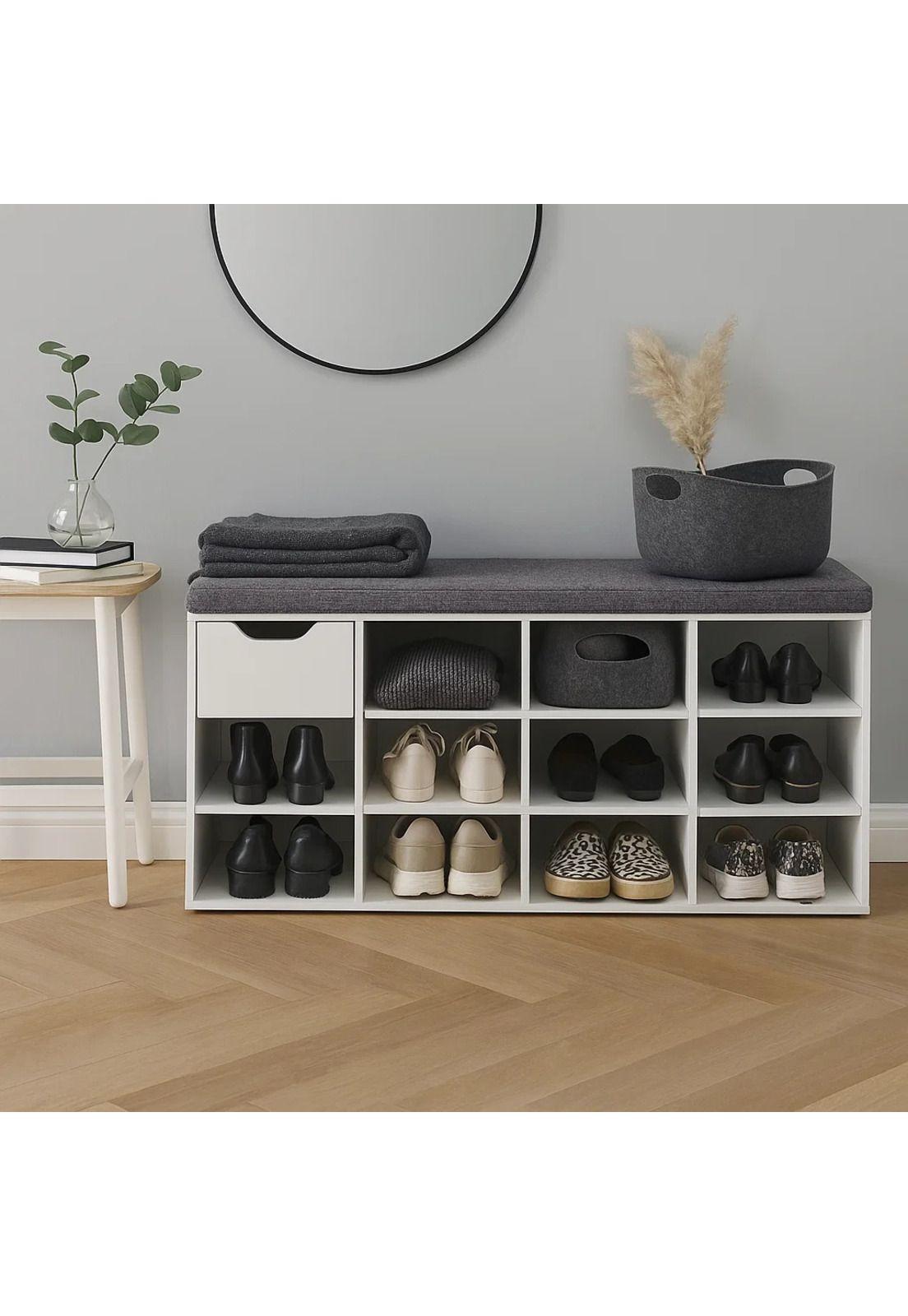 Banco Zapatero Blanco con Cojín y 10 Compartimentos-2