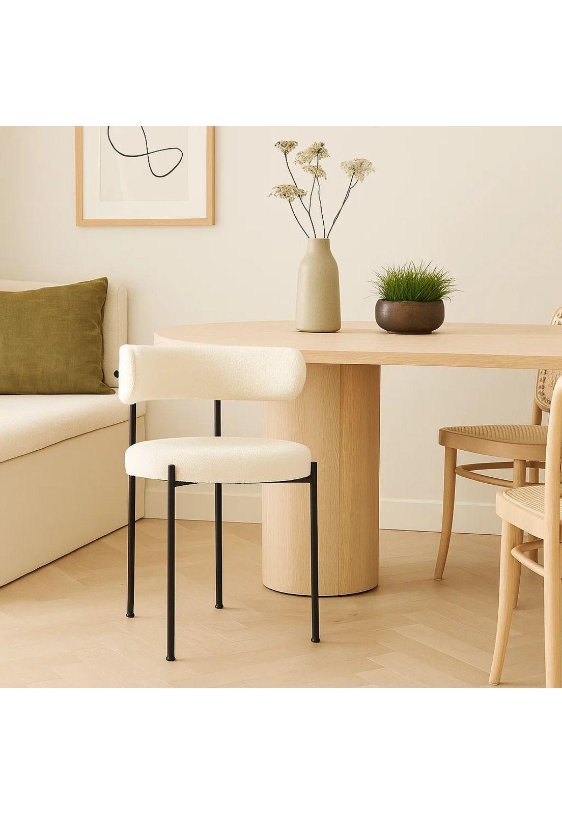 Silla Teddy de Tela con Patas Metálicas Negras - Crema-2