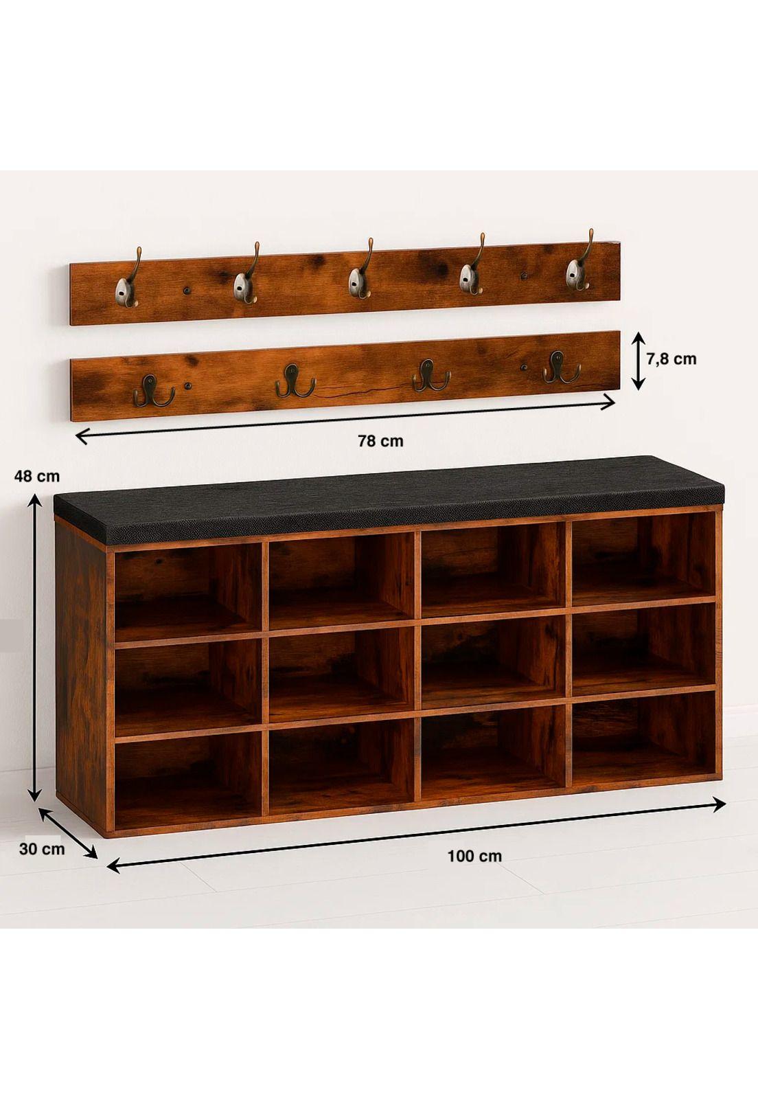 Banco Organizador con Zapatero y Percheros Rústicos-3