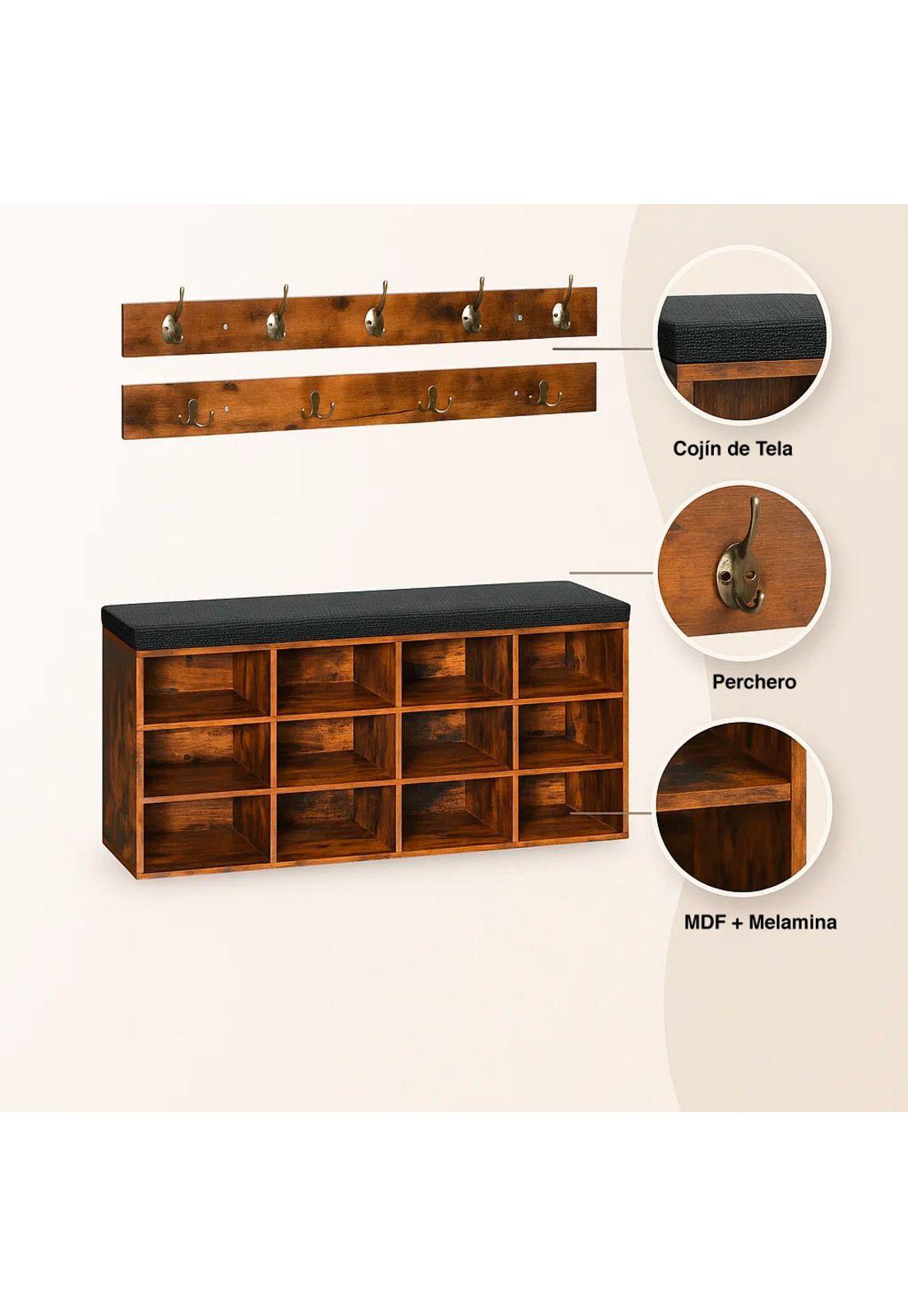 Banco Organizador con Zapatero y Percheros Rústicos-4