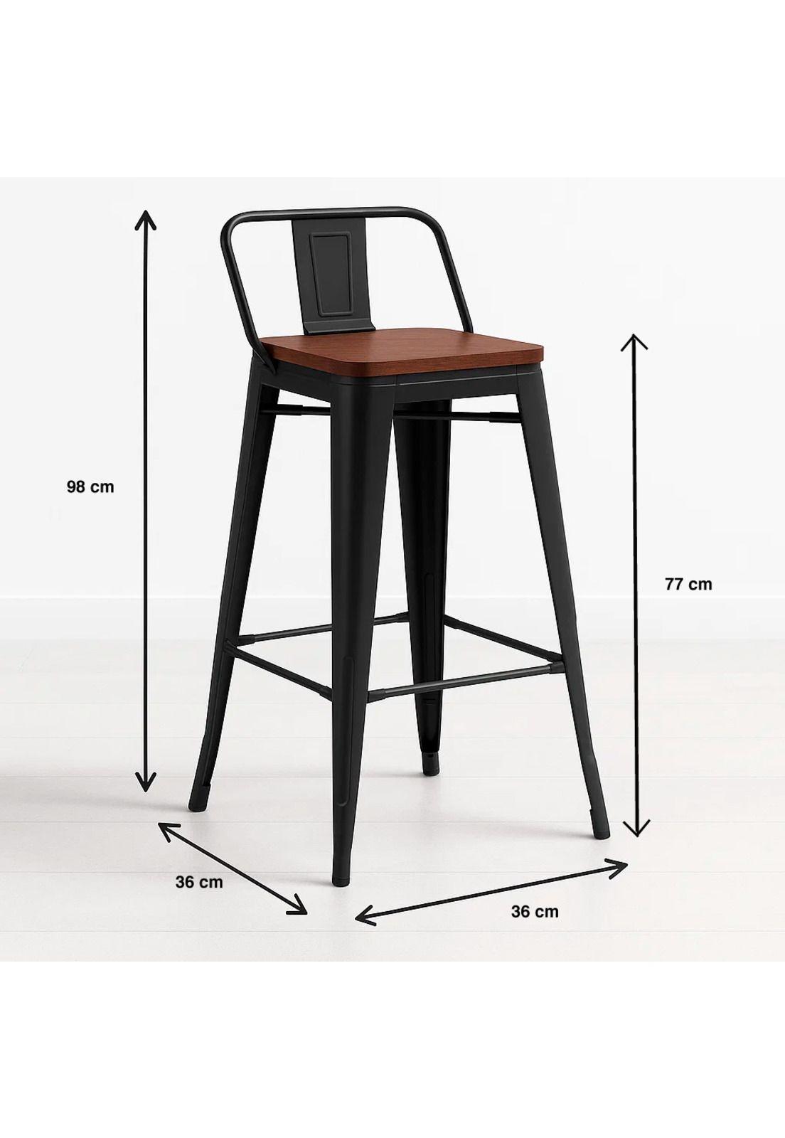 Taburete Tolix Negro Alto con Respaldo para bar o terraza - Asiento de Madera Oscura Walnut-3