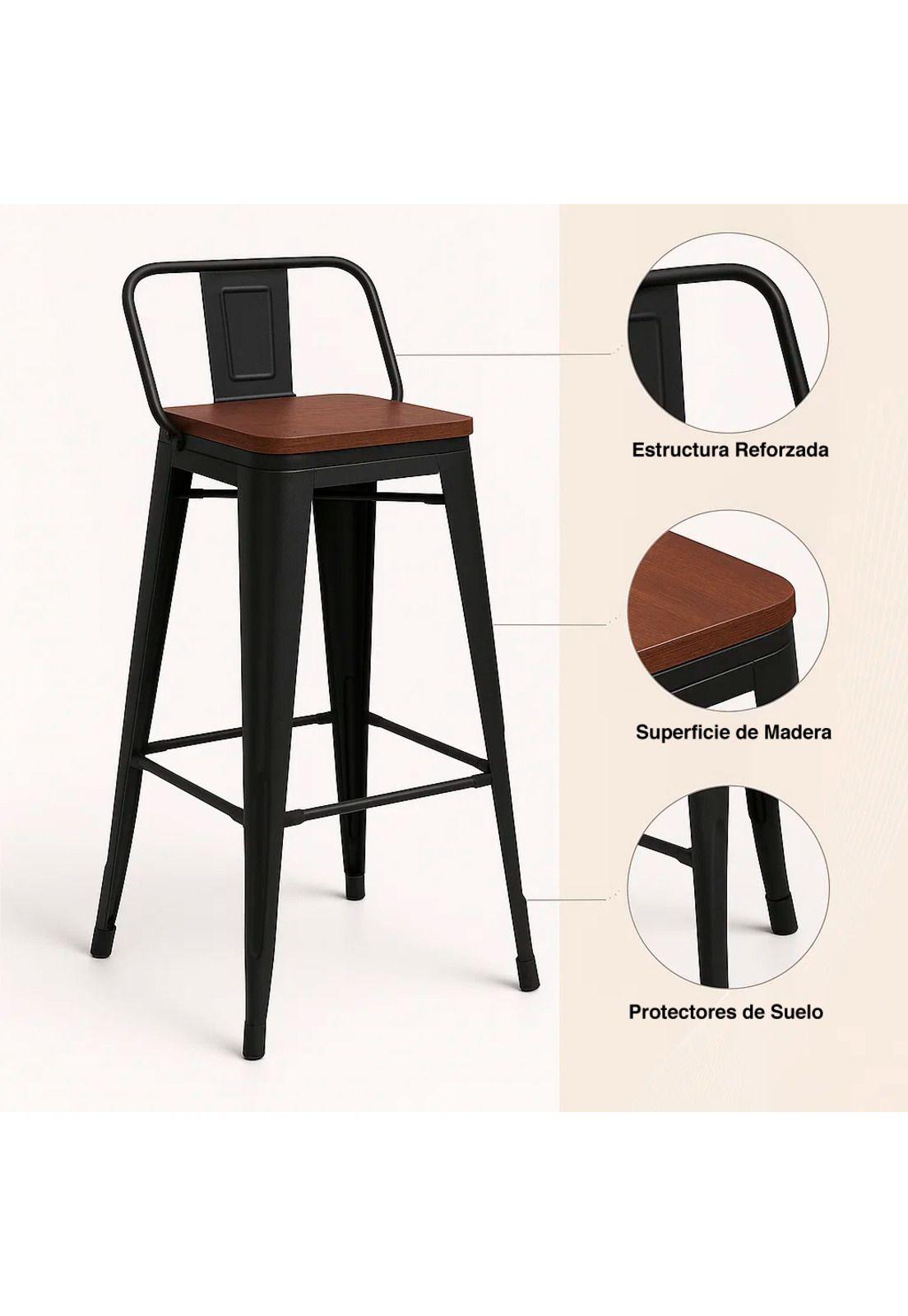 Taburete Tolix Negro Alto con Respaldo para bar o terraza - Asiento de Madera Oscura Walnut-4