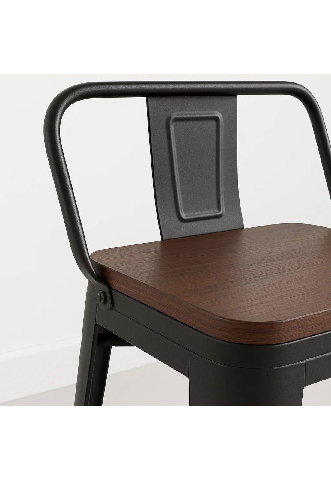 Taburete Tolix Negro Alto con Respaldo para bar o terraza - Asiento de Madera Oscura Walnut-5