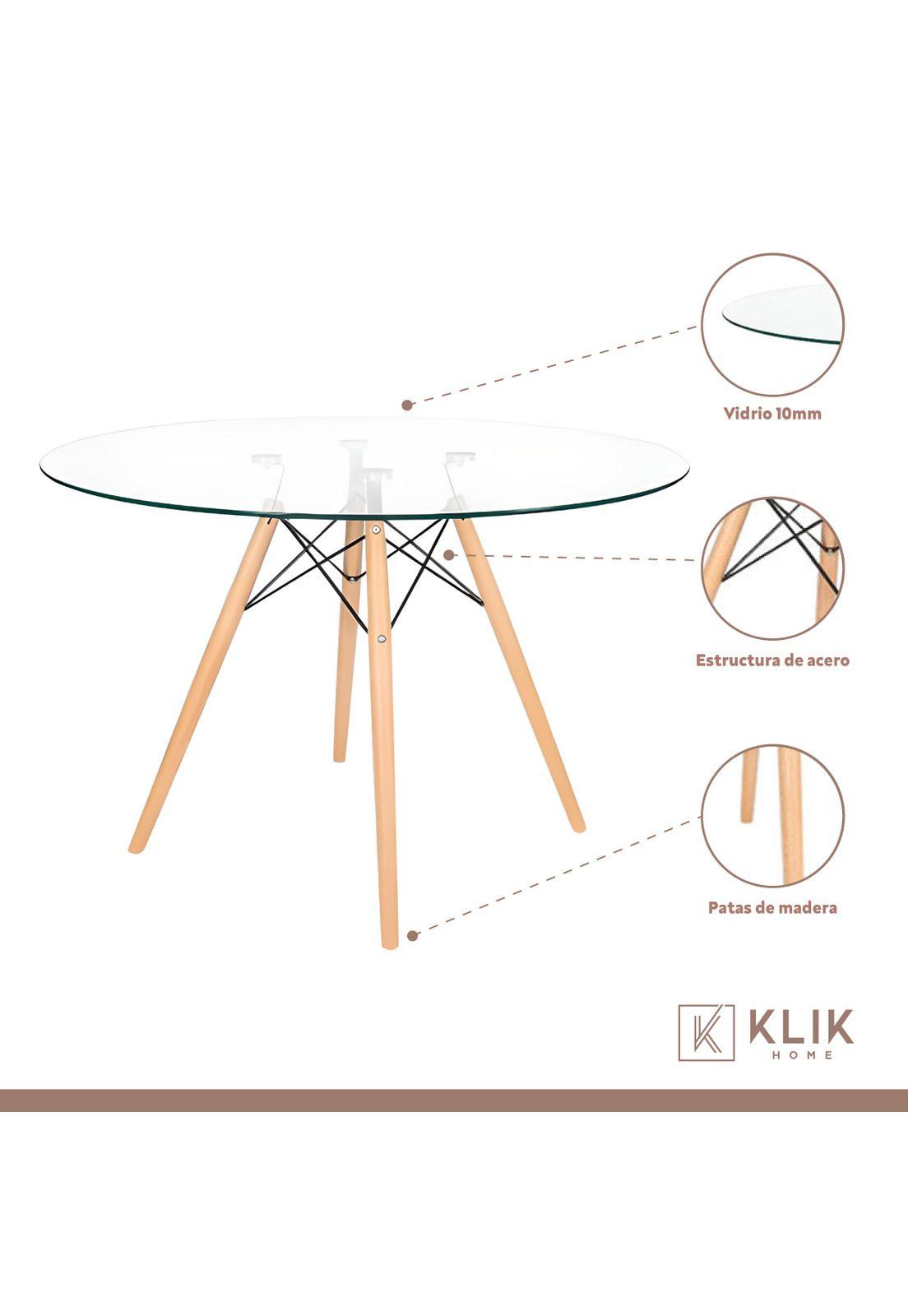 Comedor Mesa Eames Redonda vidrio 100cm + 4 Sillas Eames Patchwork Tela Wood Celeste-2