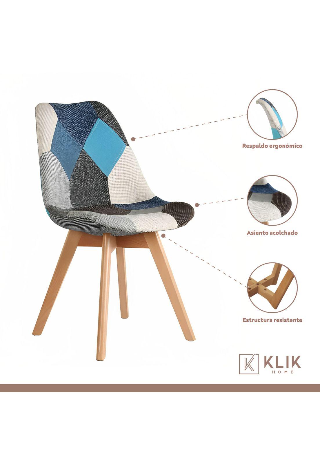 Comedor Mesa Eames Redonda vidrio 100cm + 4 Sillas Eames Patchwork Tela Wood Celeste-3