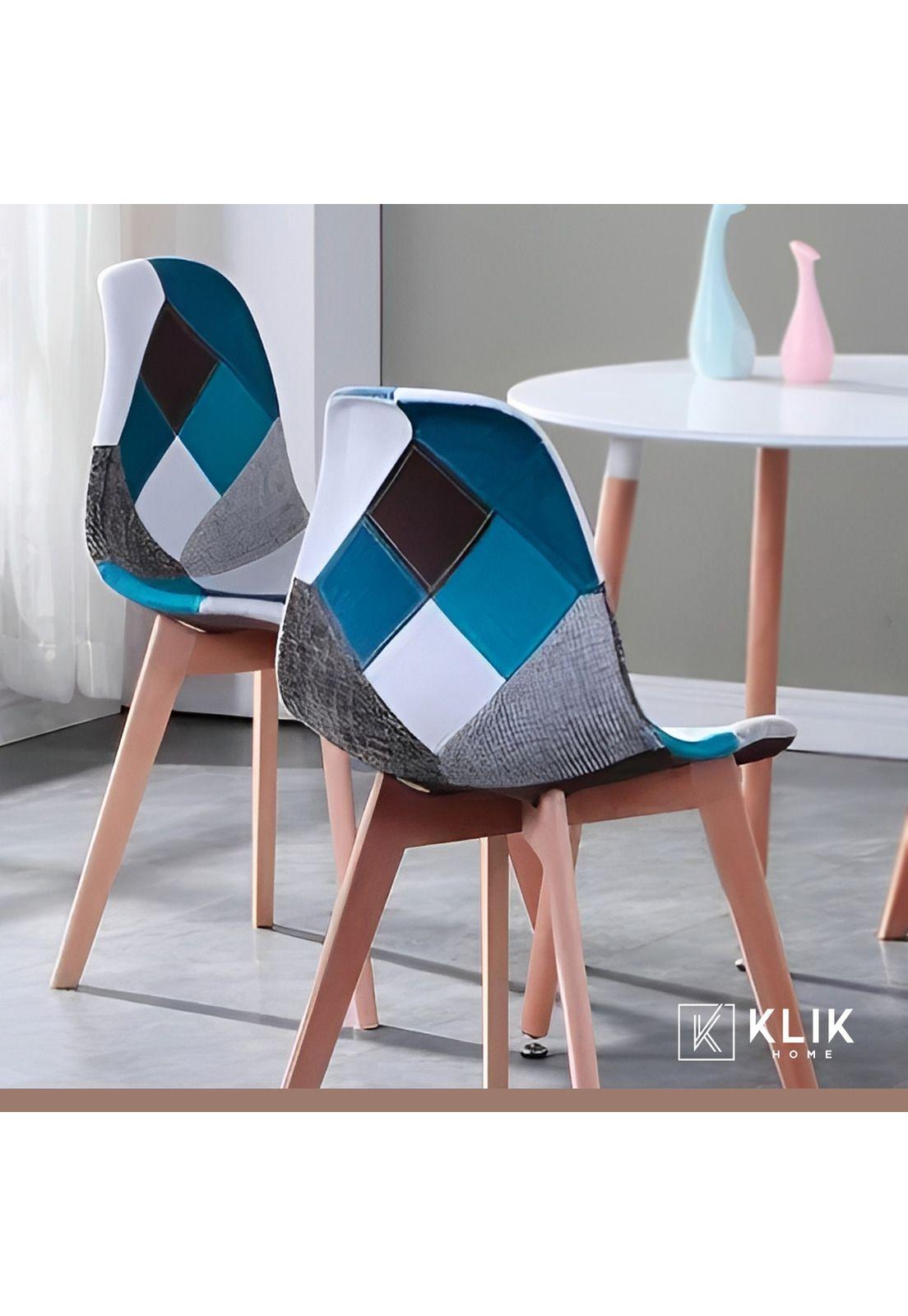 Comedor Mesa Eames Redonda vidrio 100cm + 4 Sillas Eames Patchwork Tela Wood Celeste-7