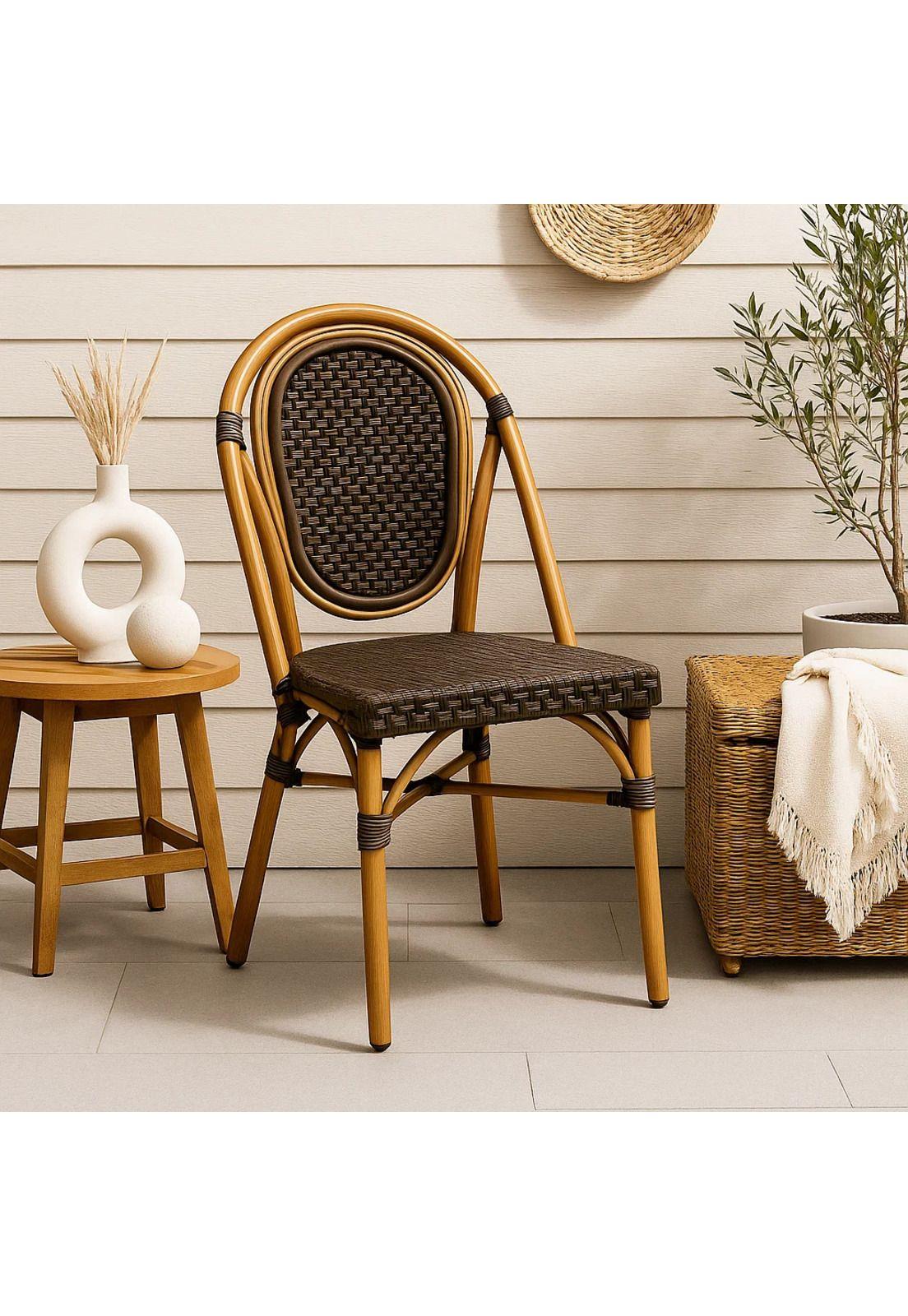 Silla de Exterior Estilo Francés con Marco Dorado y Ratán Oscuro-2