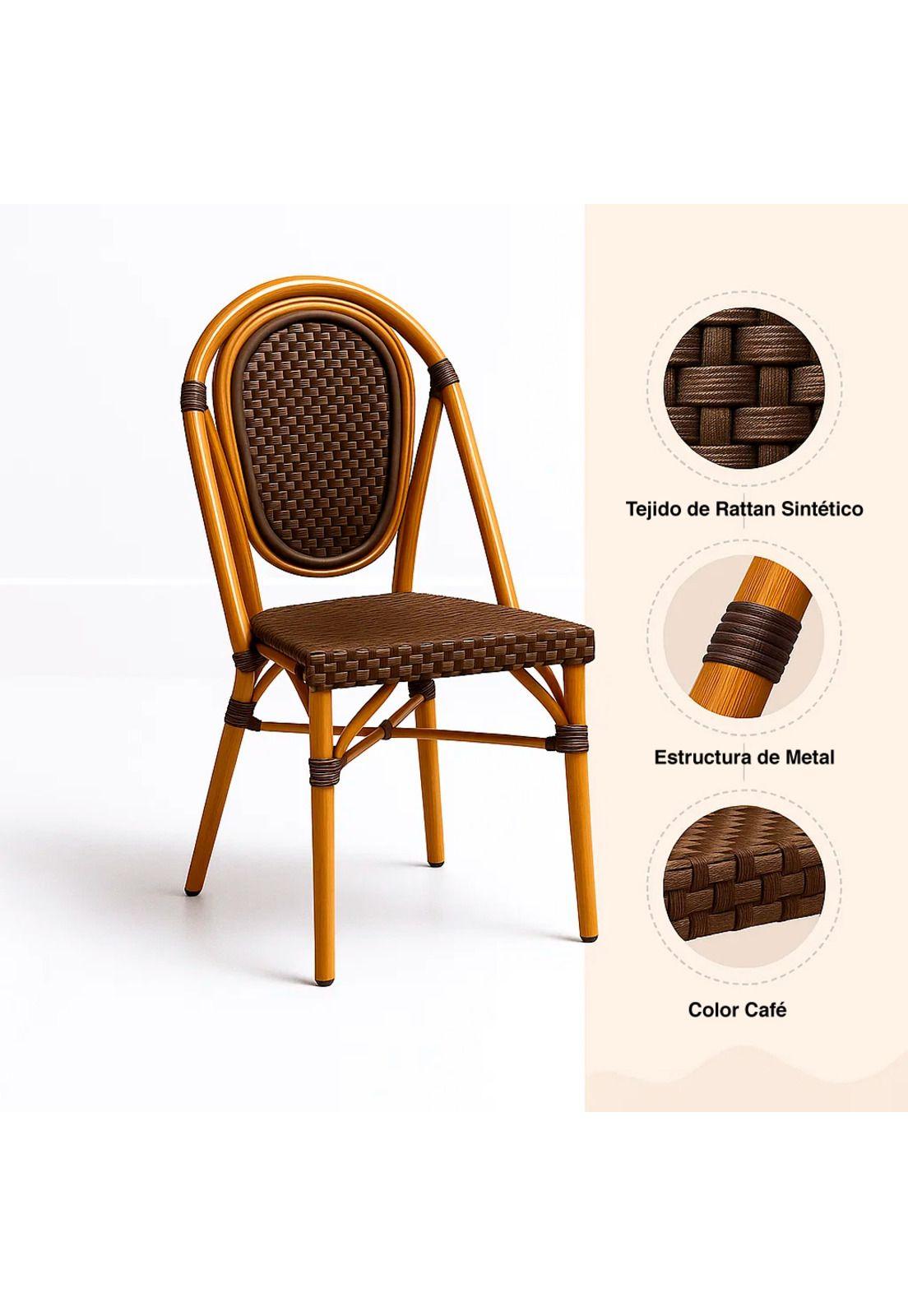 Silla de Exterior Estilo Francés con Marco Dorado y Ratán Oscuro-4