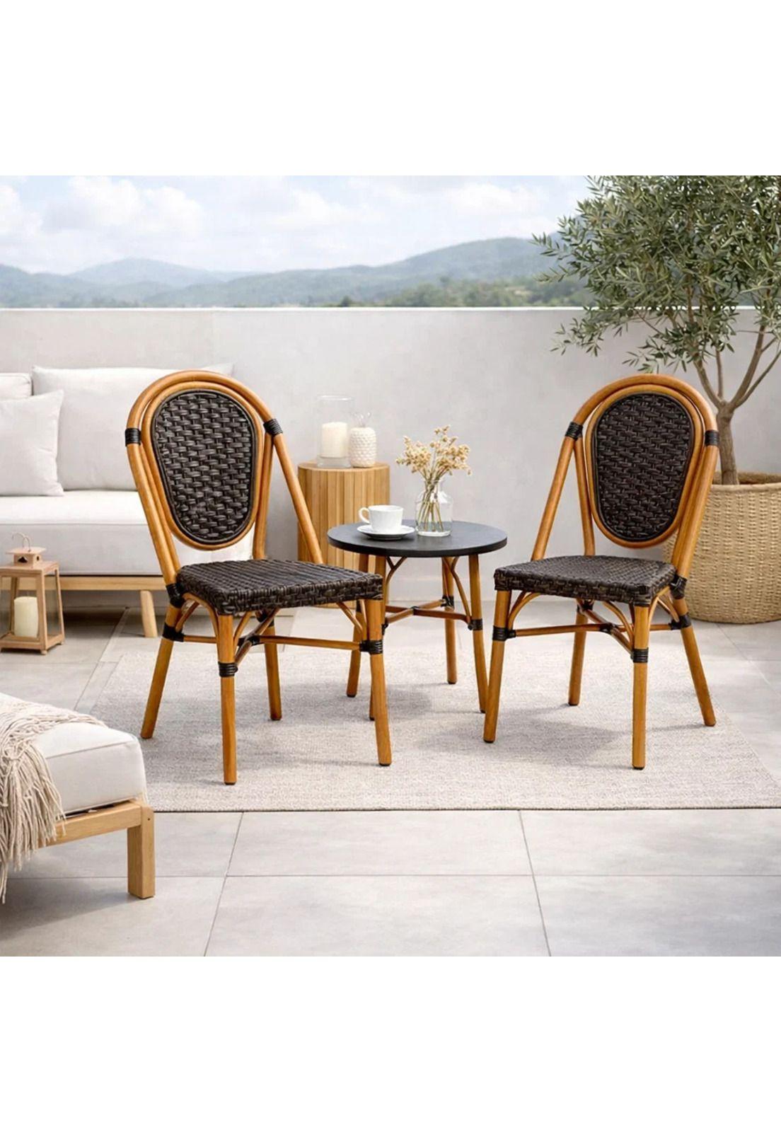 Silla de Exterior Estilo Francés con Marco Dorado y Ratán Oscuro-2