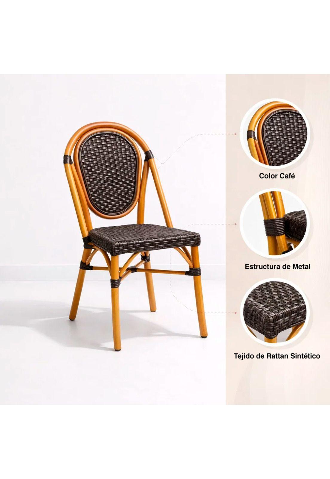 Silla de Exterior Estilo Francés con Marco Dorado y Ratán Oscuro-4